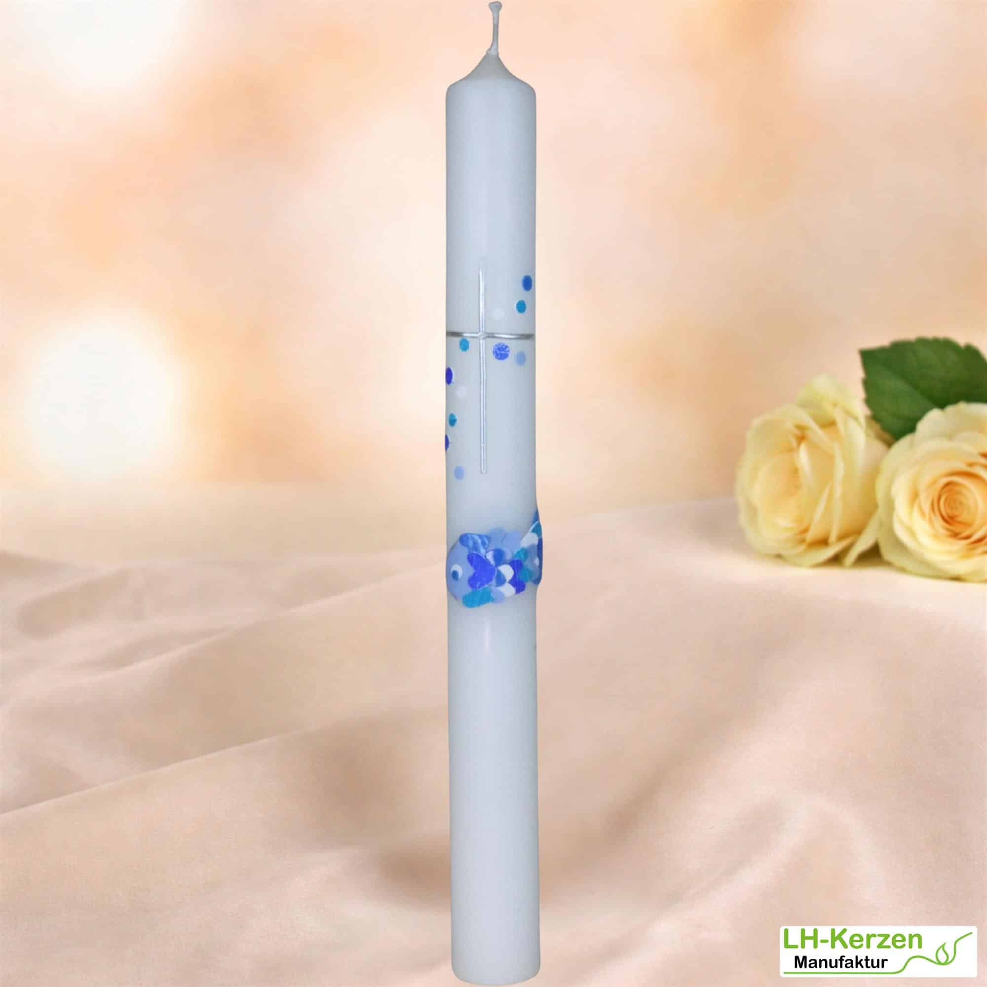 Taufkerze blaue Unterwasserwelt mit Mosaikfisch, Wasserblasen und Kreuz, personalisierbar