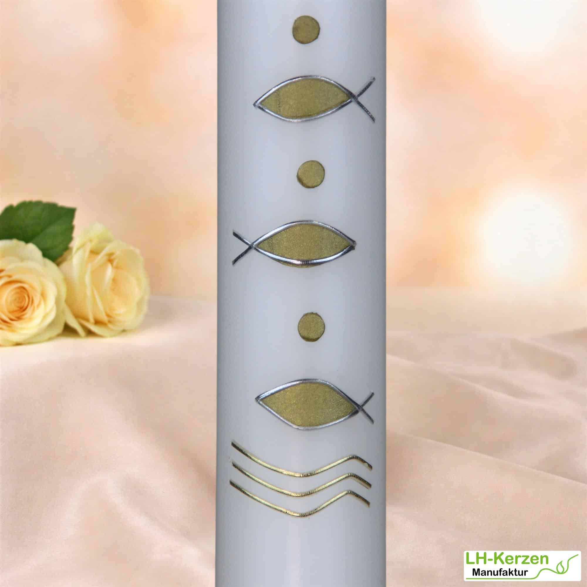 Schlanke Taufkerze mit goldenen Fischen, Wellen & Drahtschmuck – elegant & personalisierbar