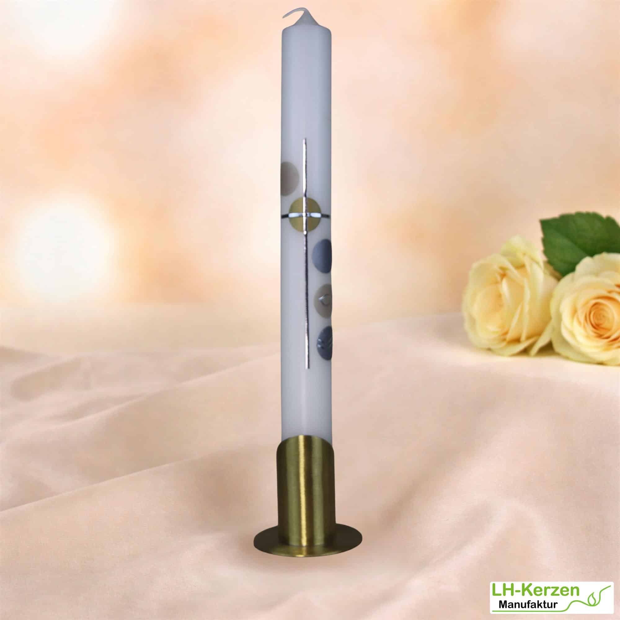 Schlanke Taufkerze mit gold-silbernen Kreisen, Fisch & Wellen – modern, personalisierbar