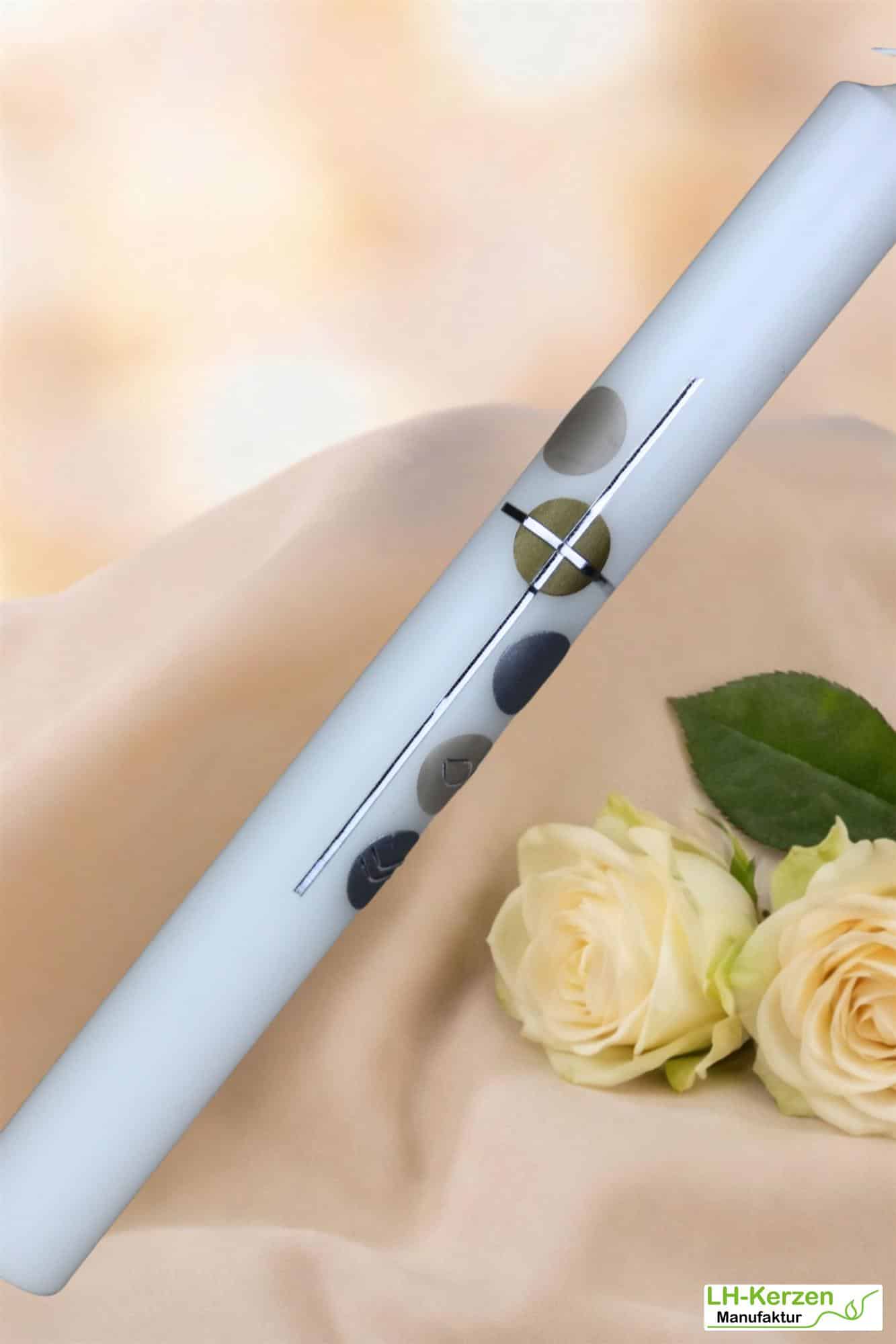 Schlanke Taufkerze mit gold-silbernen Kreisen, Fisch & Wellen – modern, personalisierbar