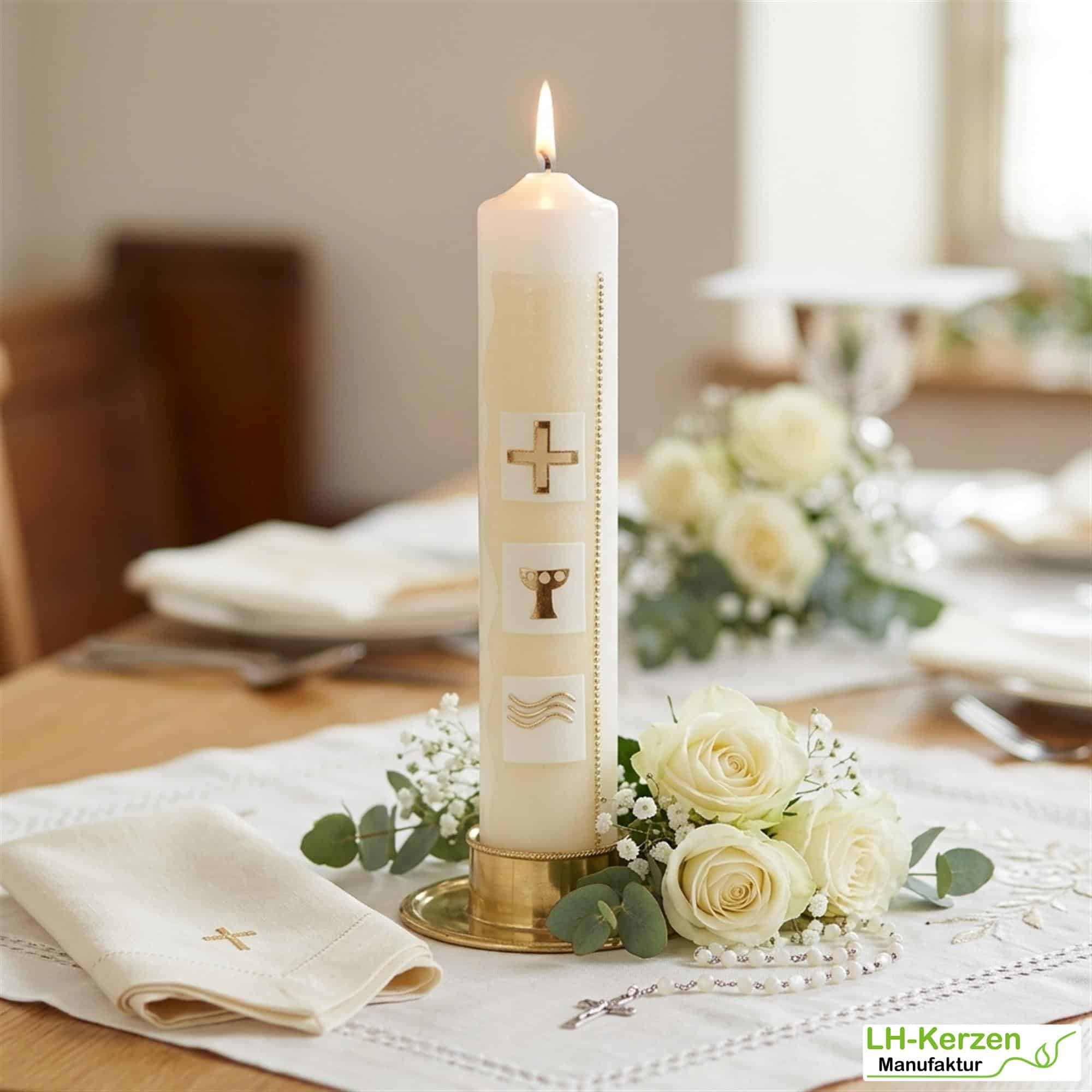 Kommunionkerze grün/gold mit Kreuz, Kelch und Wasser auf weißen Kacheln, handverziert