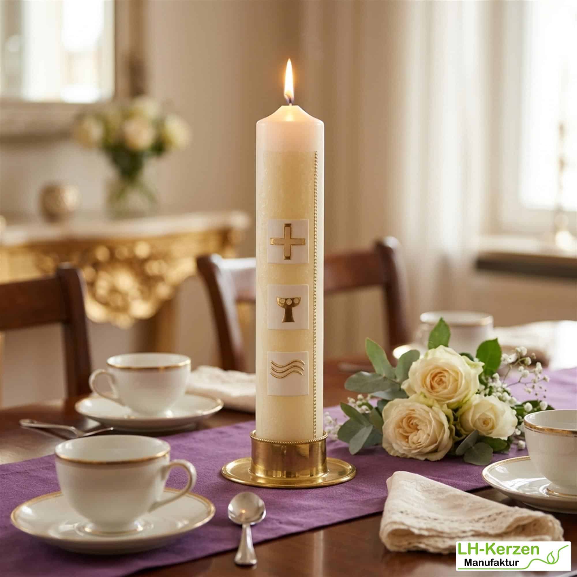 Kommunionkerze grün/gold mit Kreuz, Kelch und Wasser auf weißen Kacheln, handverziert