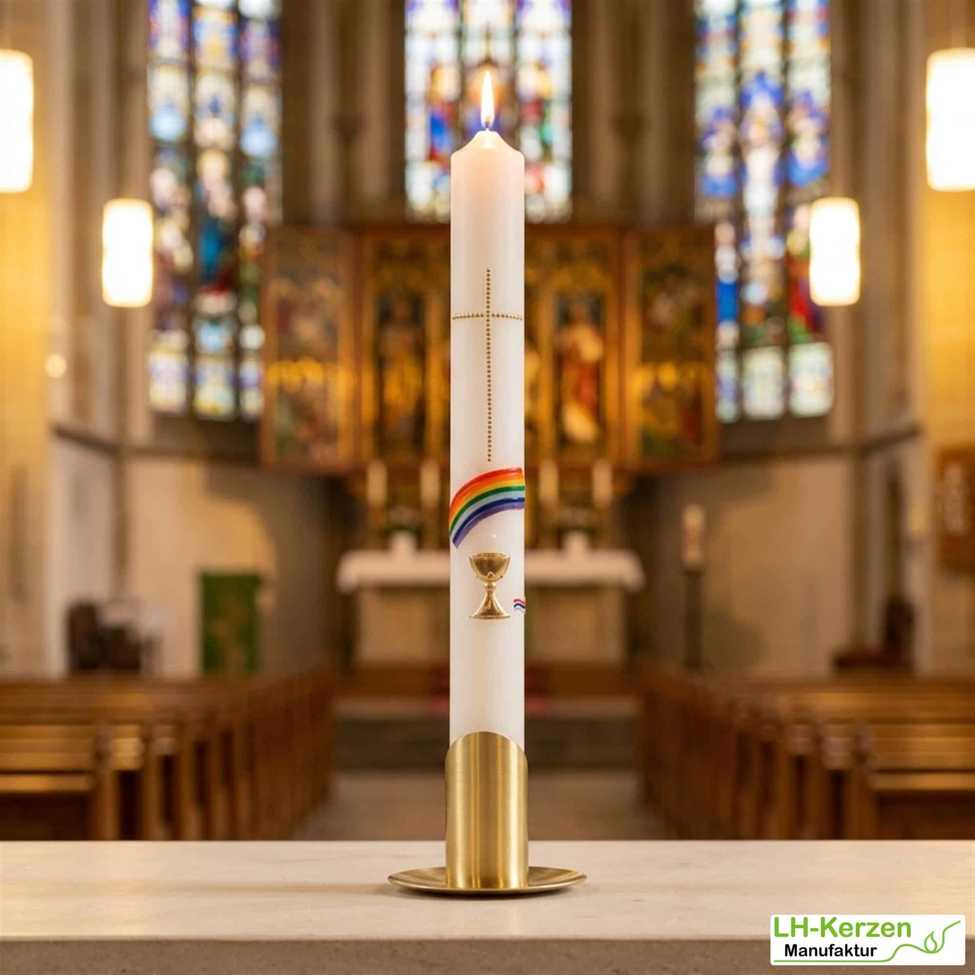 Kommunionkerze Regenbogen, Kreuz und Kelch mit echtem Wachs handverziert