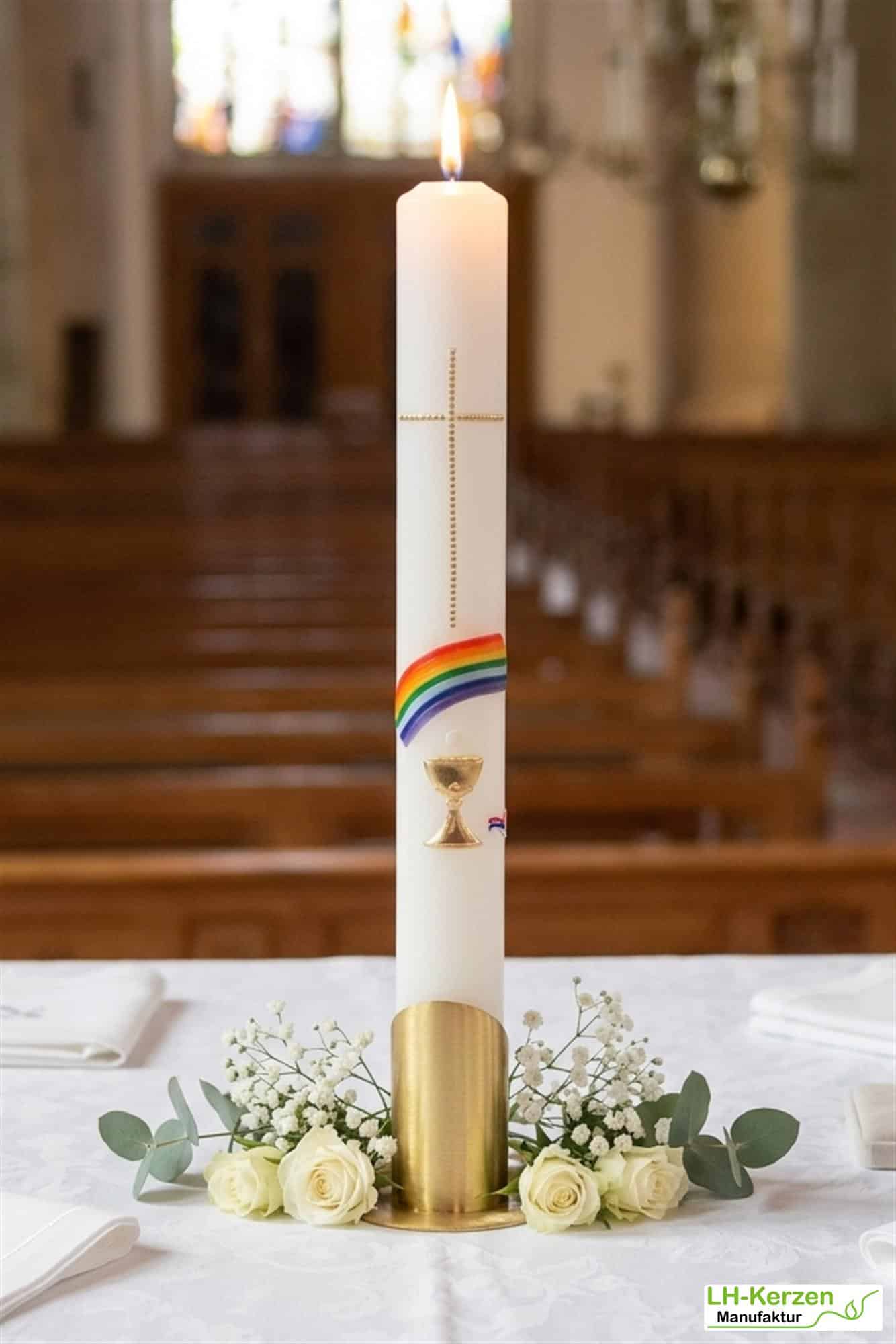 Kommunionkerze Regenbogen, Kreuz und Kelch mit echtem Wachs handverziert