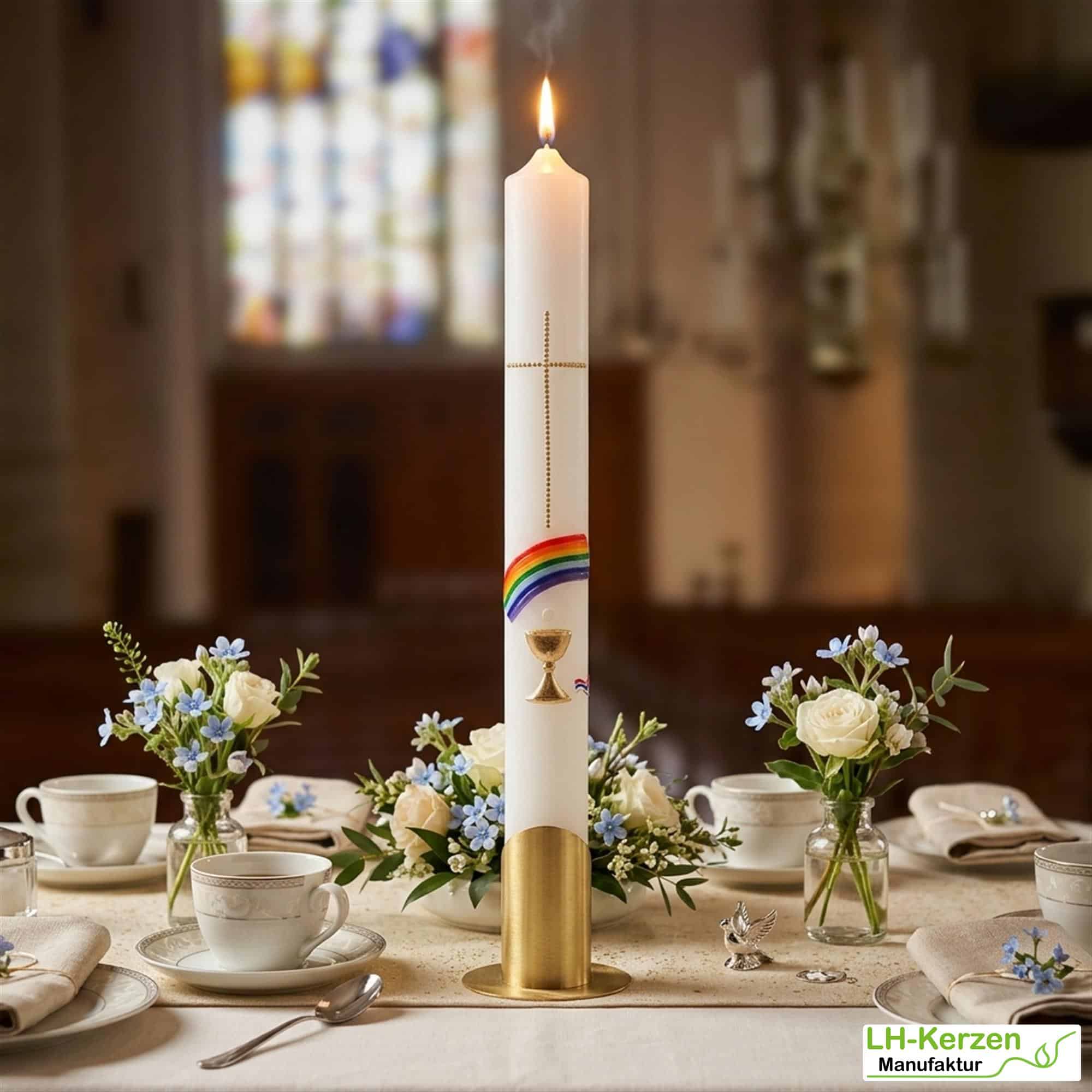 Kommunionkerze Regenbogen, Kreuz und Kelch mit echtem Wachs handverziert