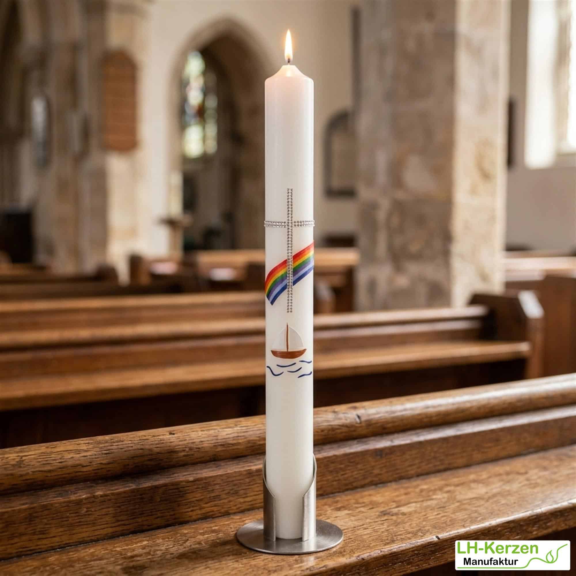 Kommunionkerze Regenbogen und Segelschiff in elfenbein