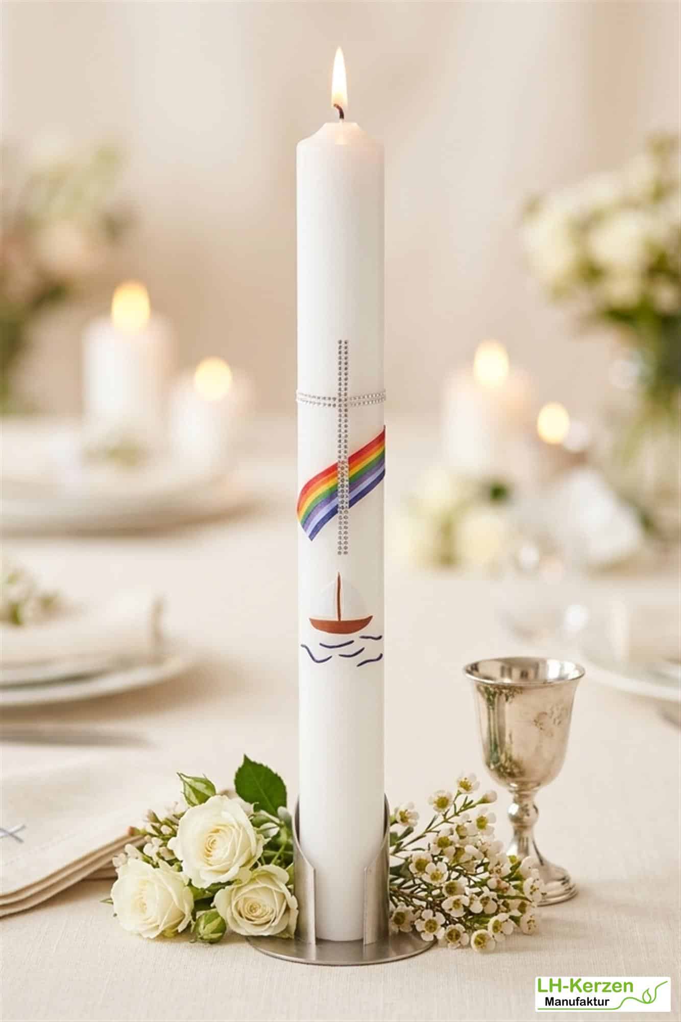 Kommunionkerze Regenbogen und Segelschiff in elfenbein