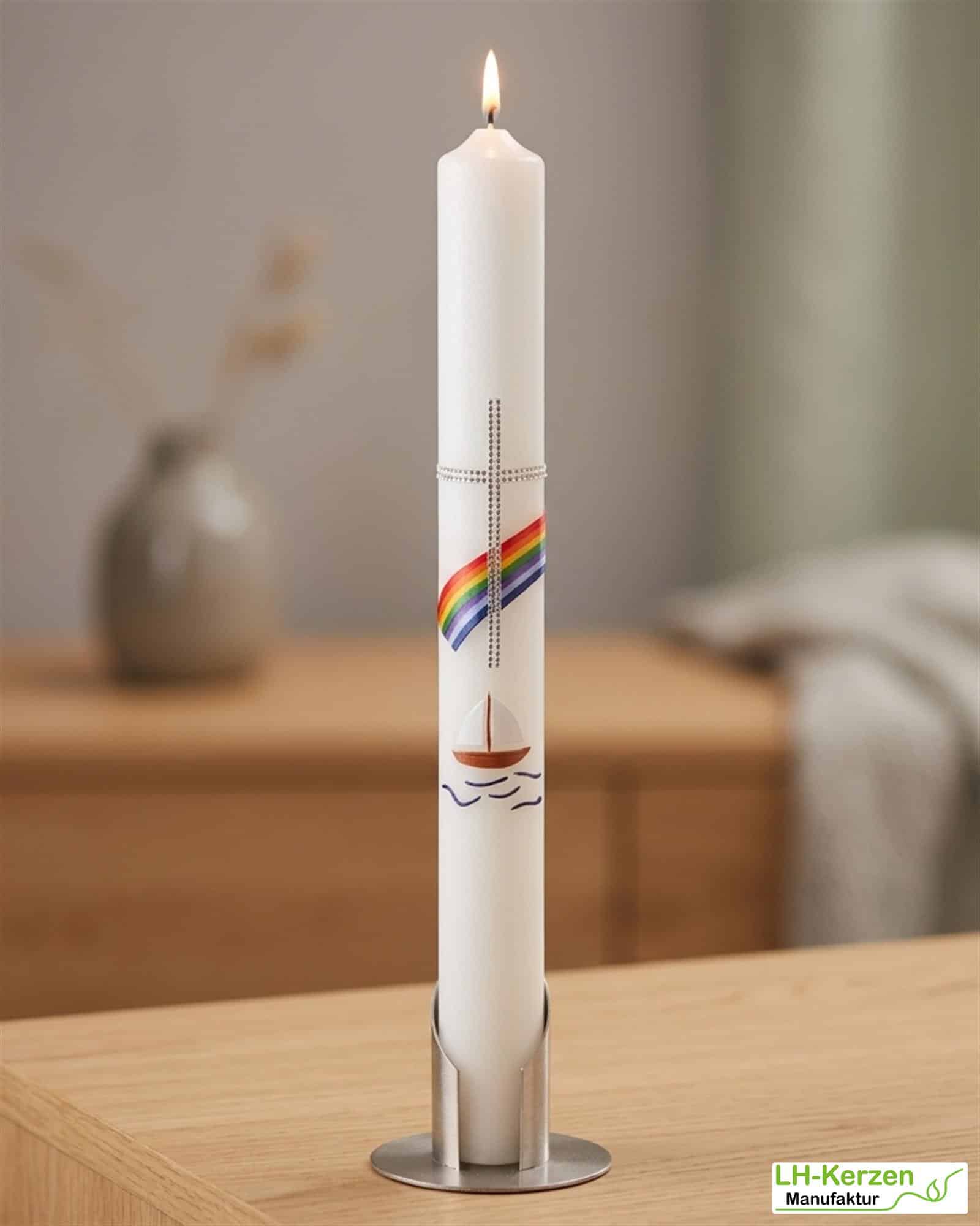 Kommunionkerze Regenbogen und Segelschiff in elfenbein