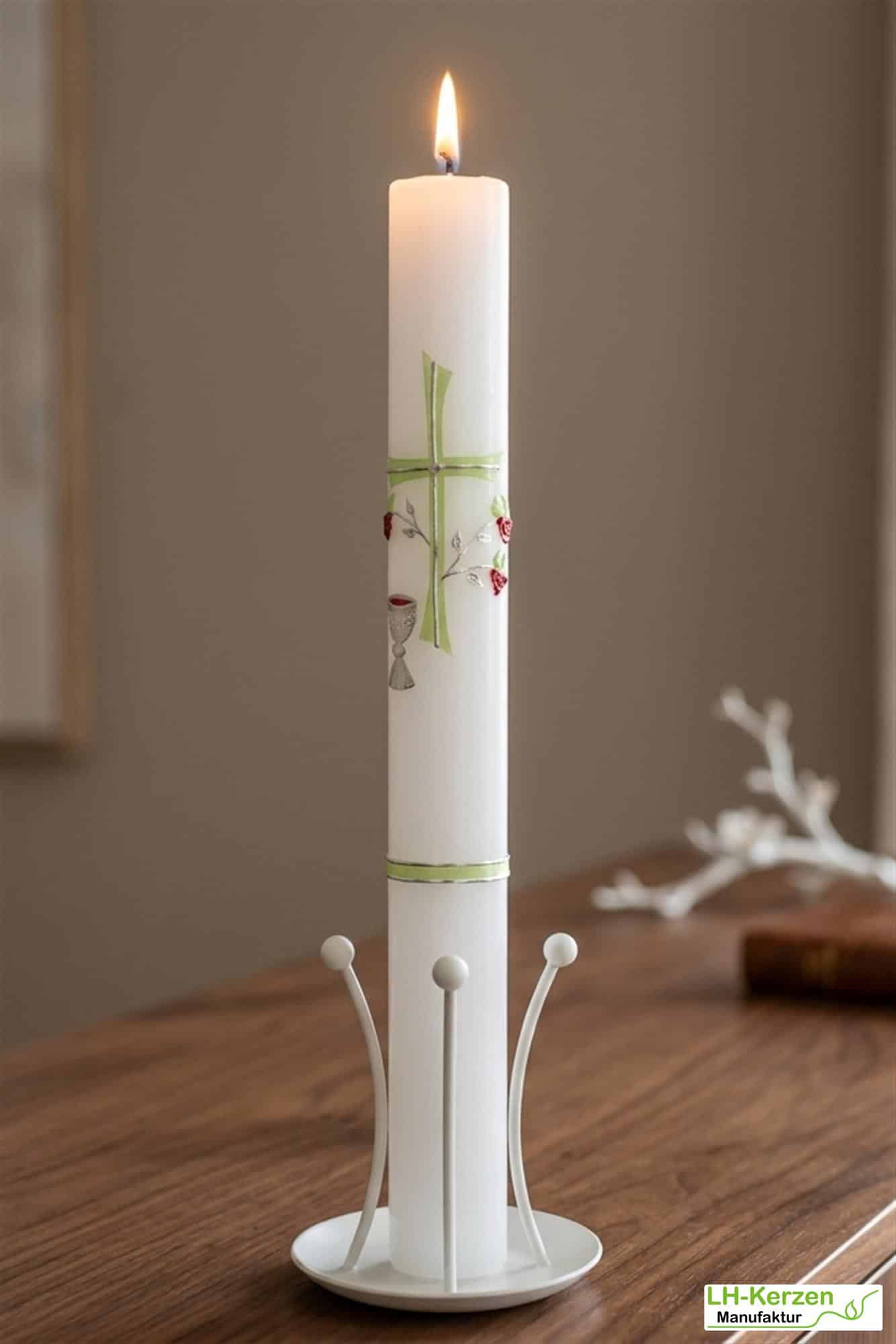 Kommunionkerze grün mit Kreuz, Kelch, und Weinrebe, handverziert, Kommunionkerze mit Namen und Datum