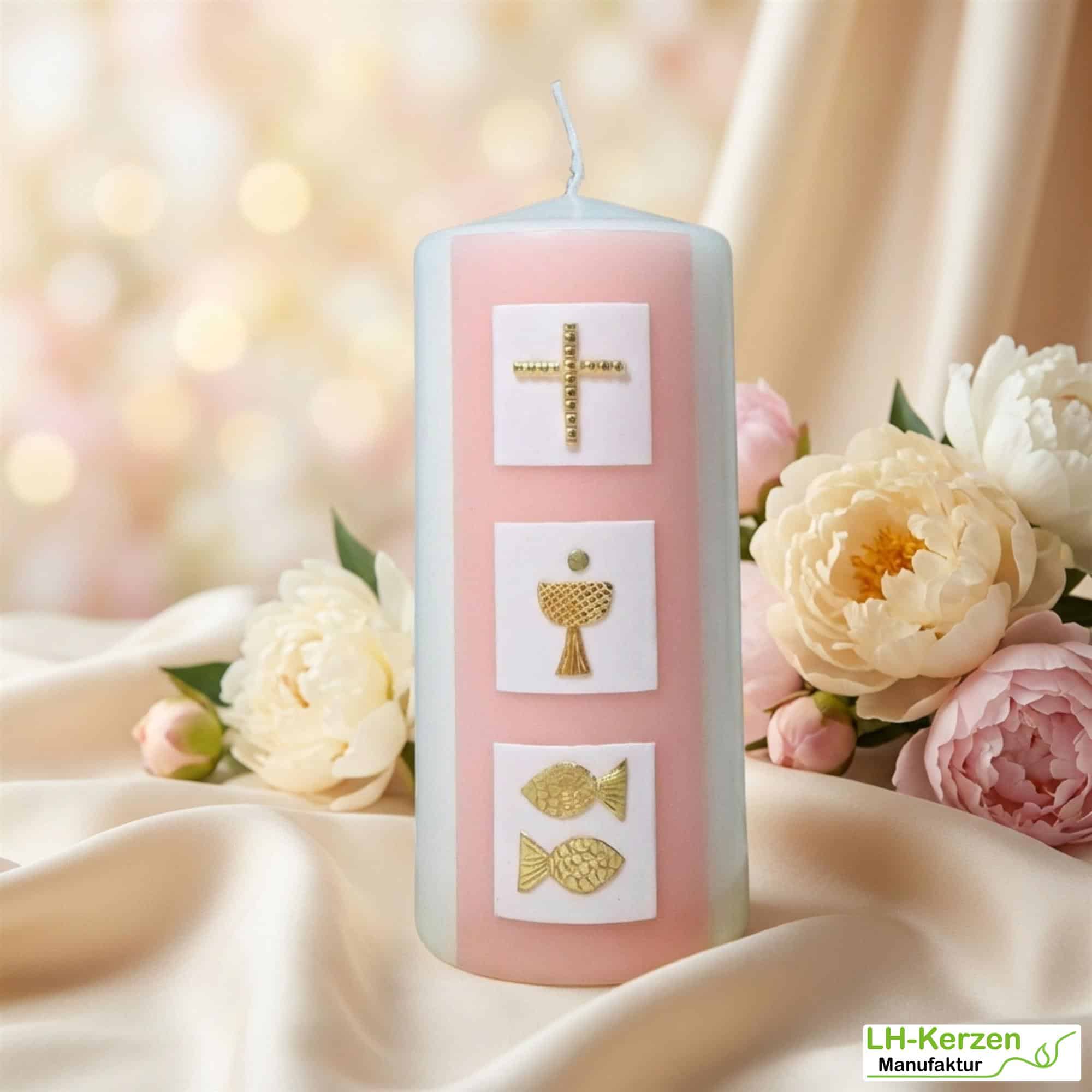 Elfenbeinfarbene Konfirmationskerze mit drei Kacheln & christlichen Symbolen