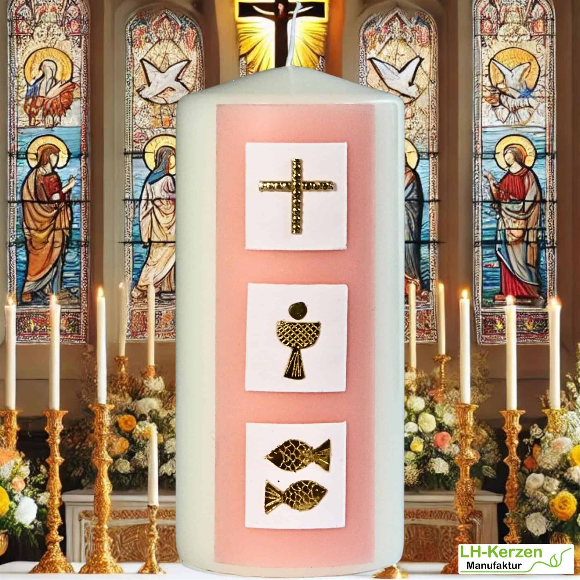 Elfenbeinfarbene Konfirmationskerze mit drei Kacheln & christlichen Symbolen