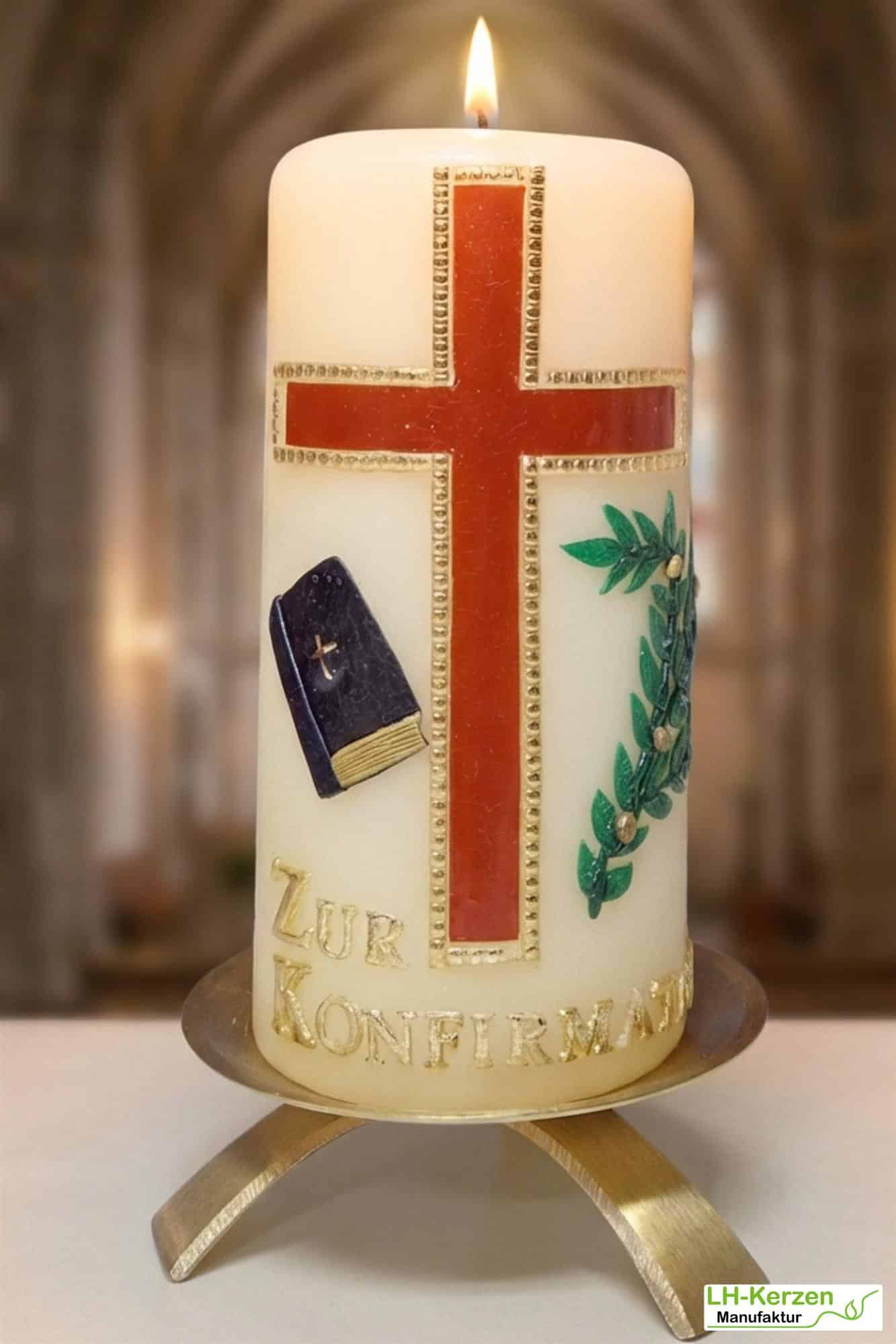 Konfirmationskerze in elfenbein mit braunem Kreuz und Bibel, optional mit Konfirmationsspruch