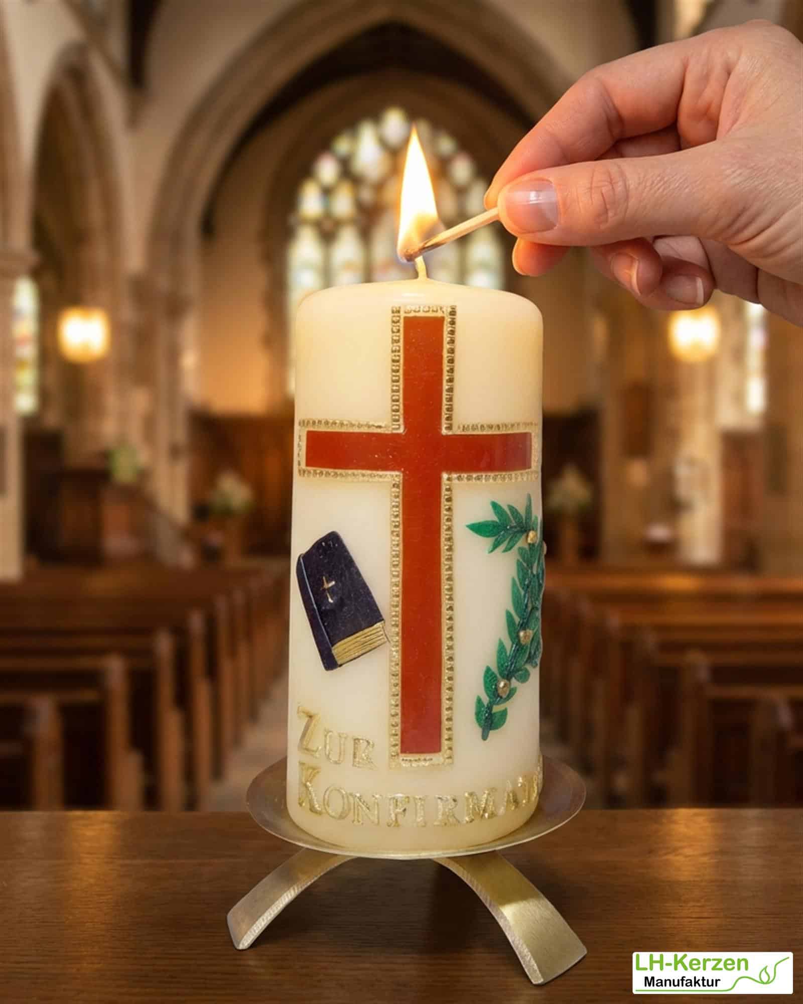 Konfirmationskerze in elfenbein mit braunem Kreuz und Bibel, optional mit Konfirmationsspruch