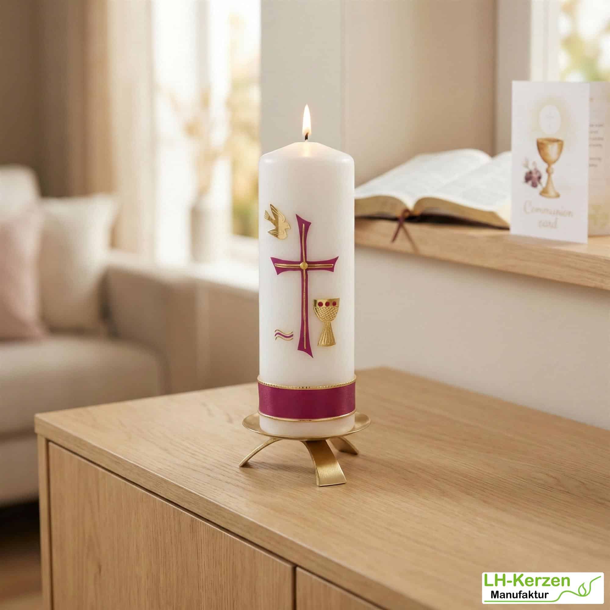 Weiße Konfirmationskerze mit byzantinischem Kreuz, Taube & Kelch – handverziert