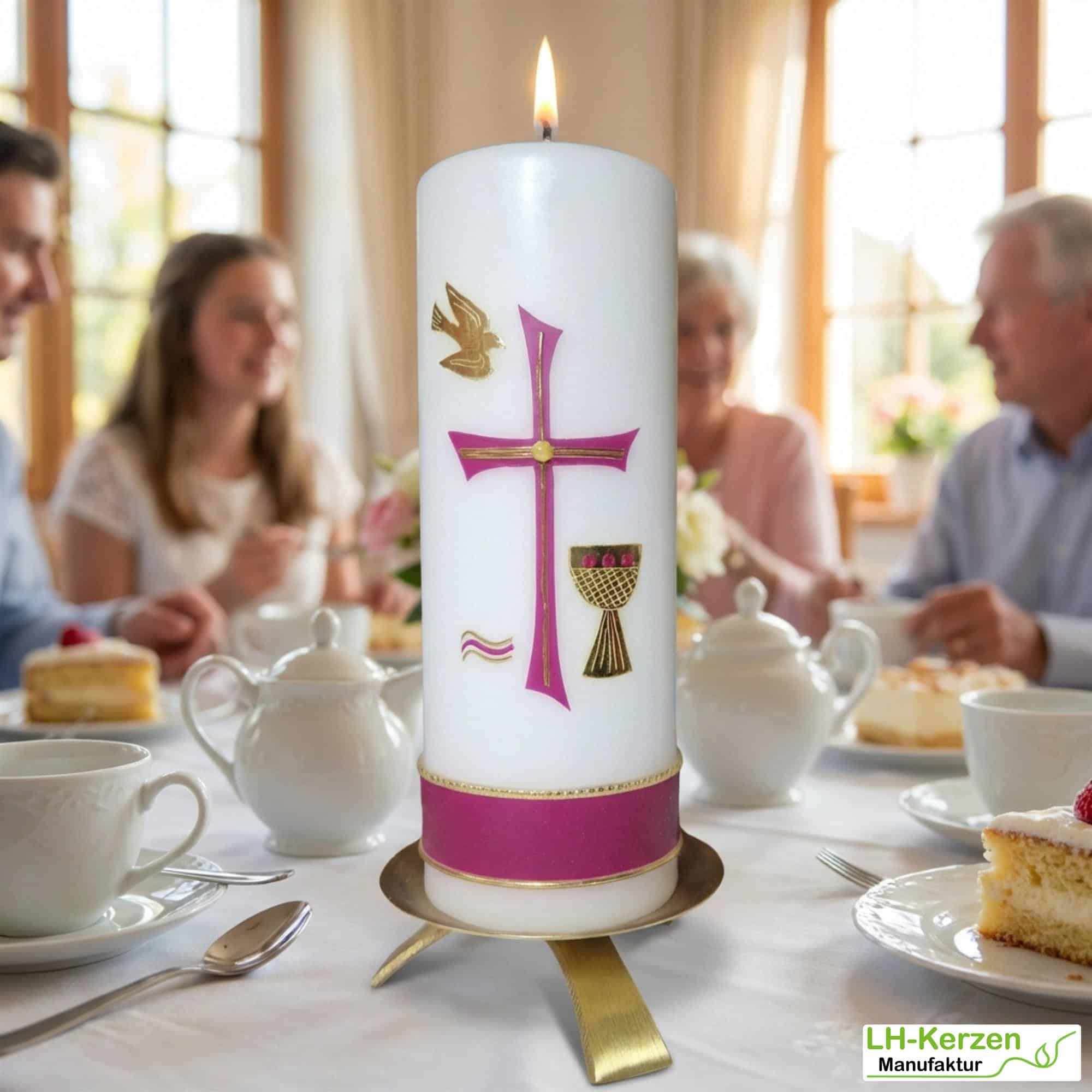 Weiße Konfirmationskerze mit byzantinischem Kreuz, Taube & Kelch – handverziert