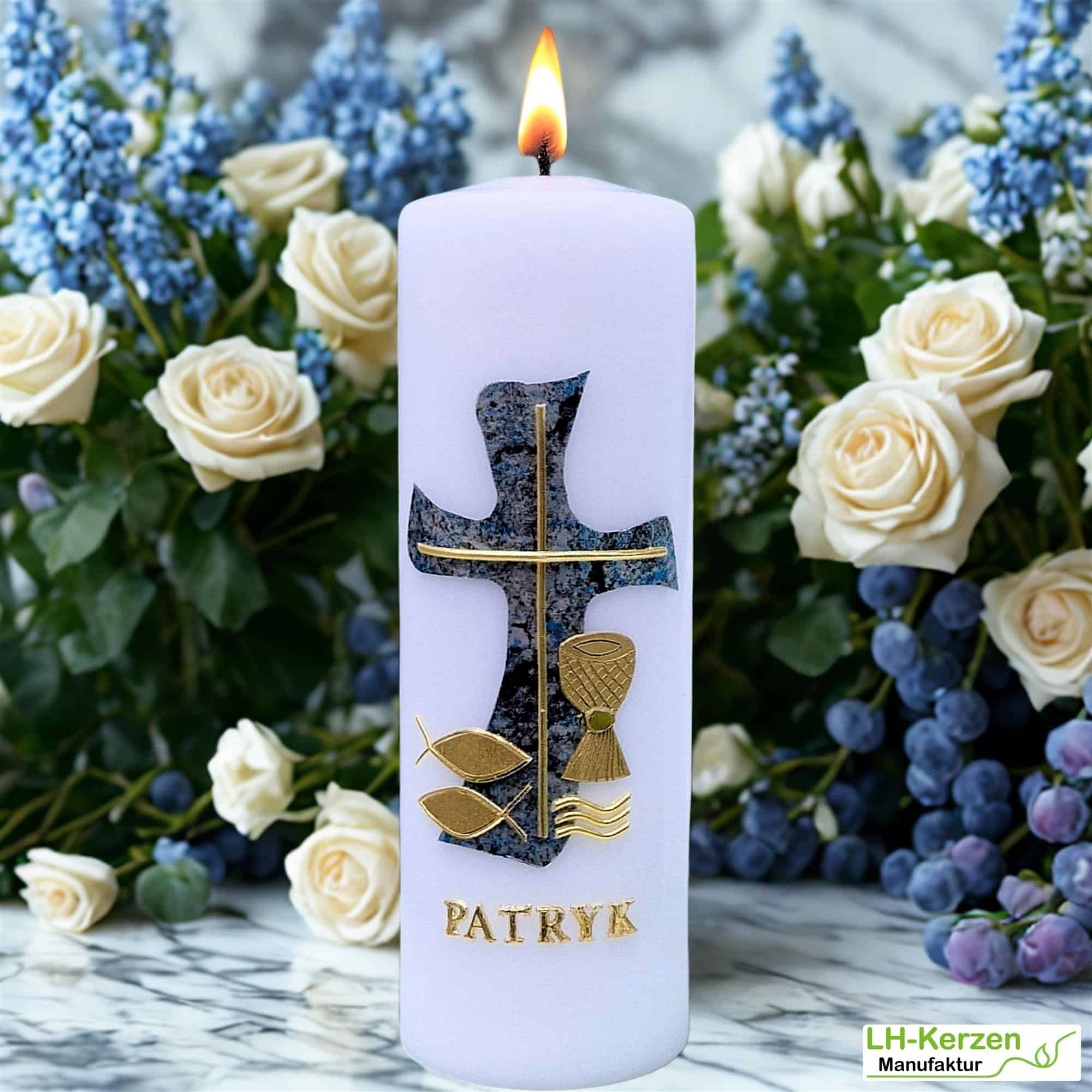 Konfirmationskerze mit marmoriertem Kreuz, Fischen, Kelch, Wellen & goldener Wachsbeschriftung