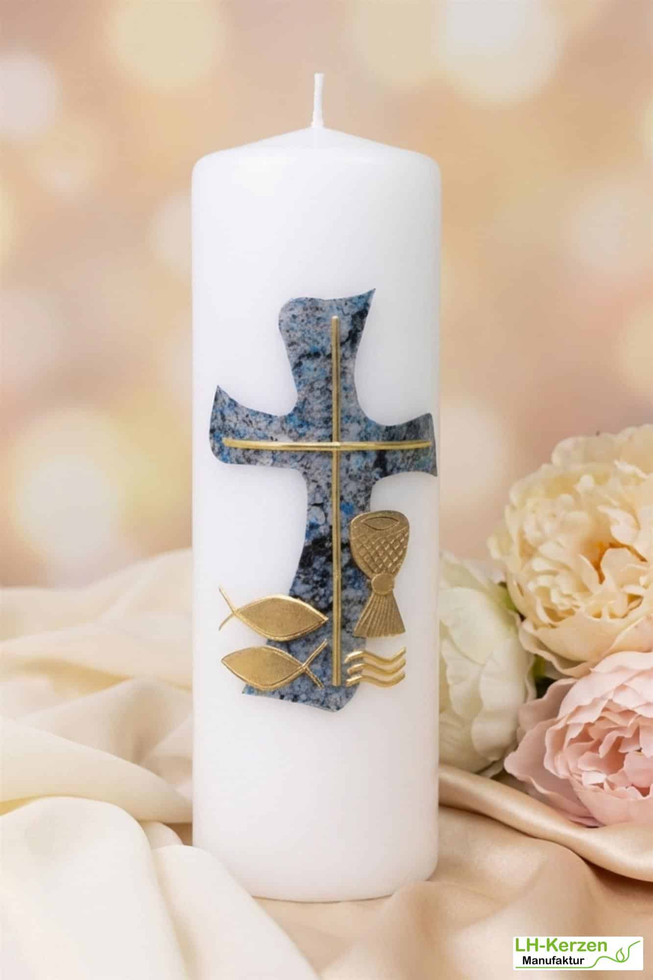 Konfirmationskerze mit marmoriertem Kreuz, Fischen, Kelch, Wellen & goldener Wachsbeschriftung