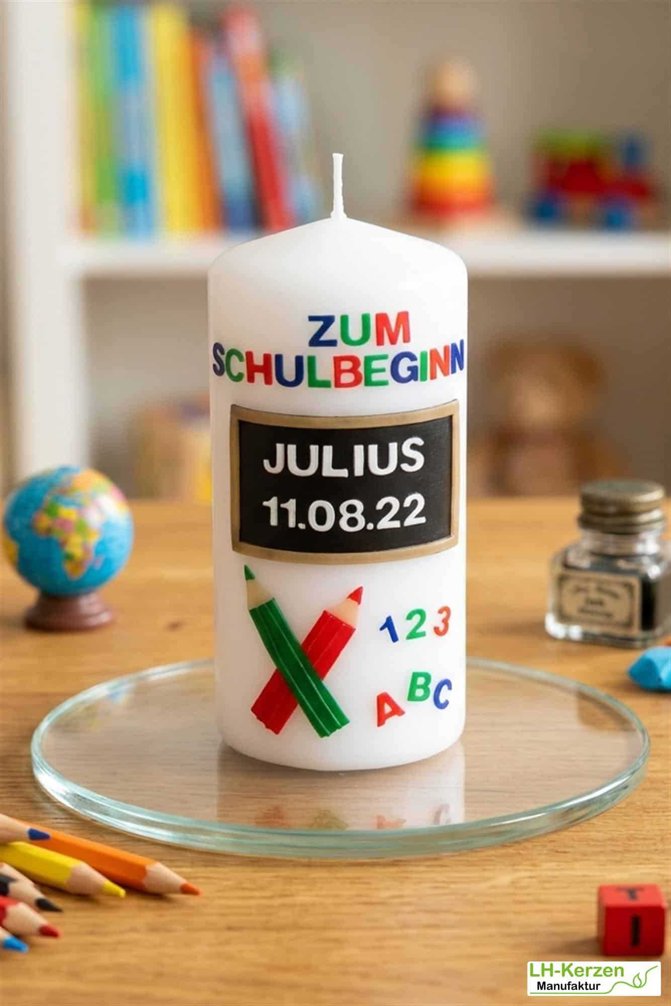 Kerze Einschulung mit Schiefertafel und Buntstiften, Einschulungskerze, Kerze erster Schultag