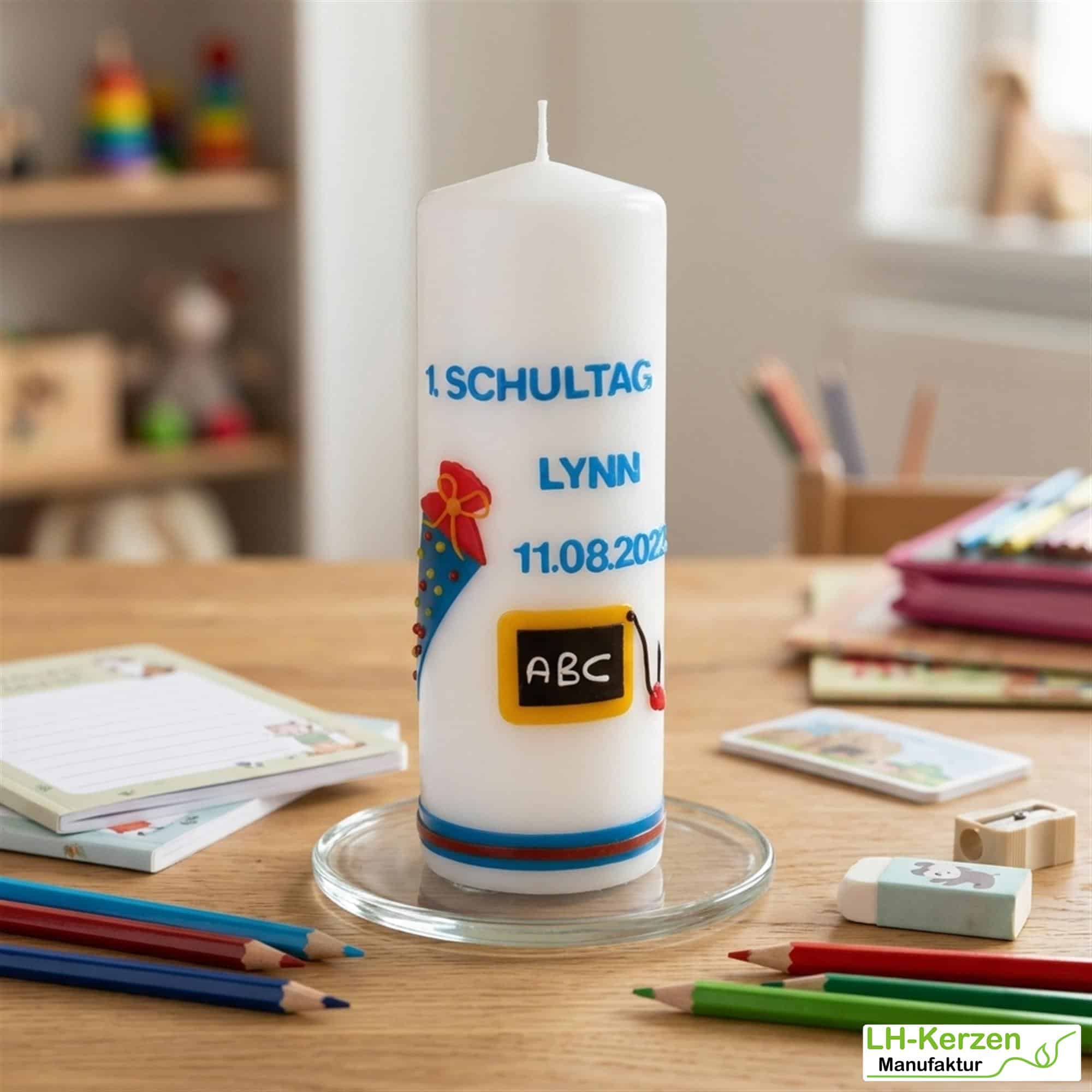 Einschulungskerze mit Tafel und Schultüte, Kerze zur Einschulung, Kerze erster Schultag
