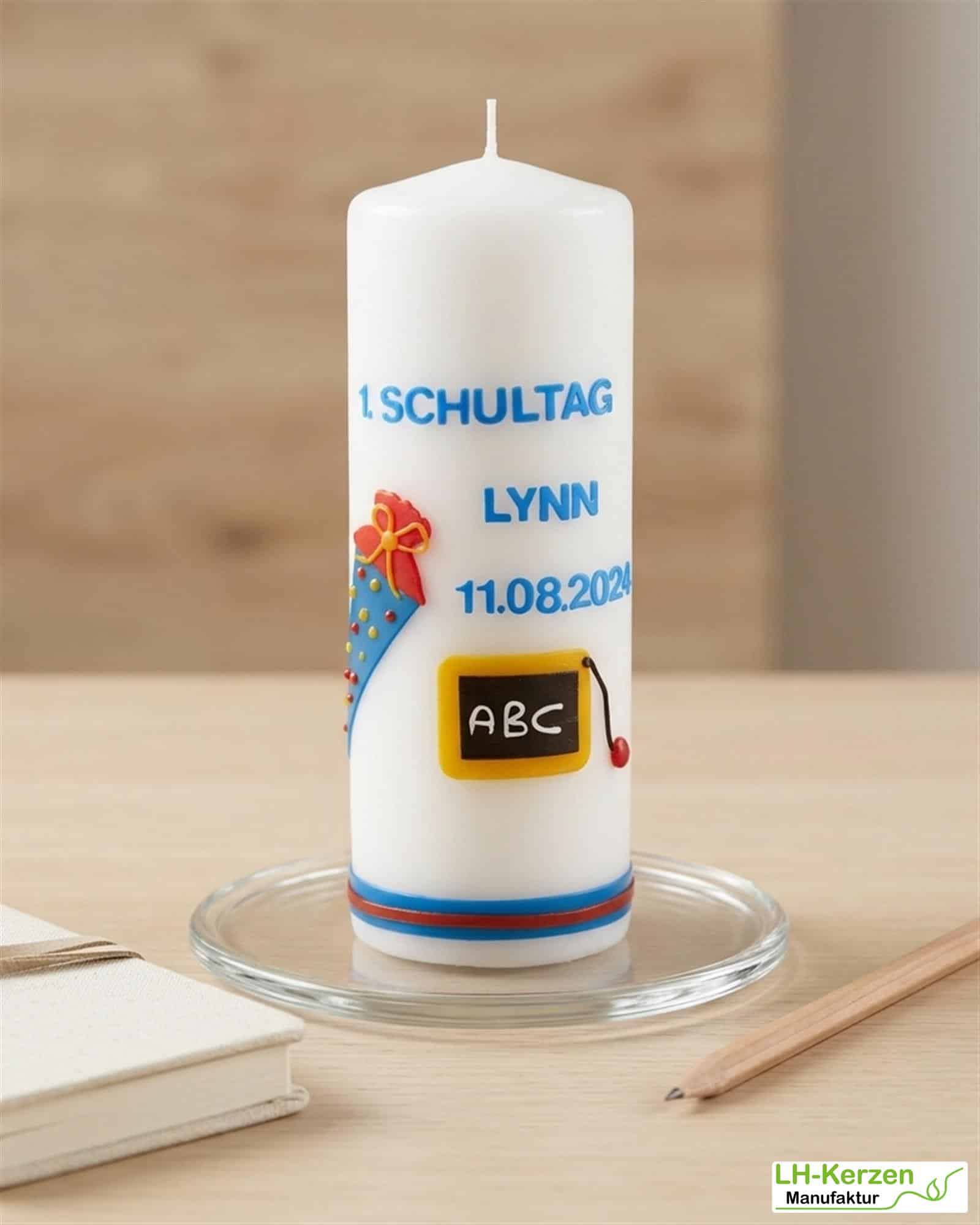 Einschulungskerze mit Tafel und Schultüte, Kerze zur Einschulung, Kerze erster Schultag