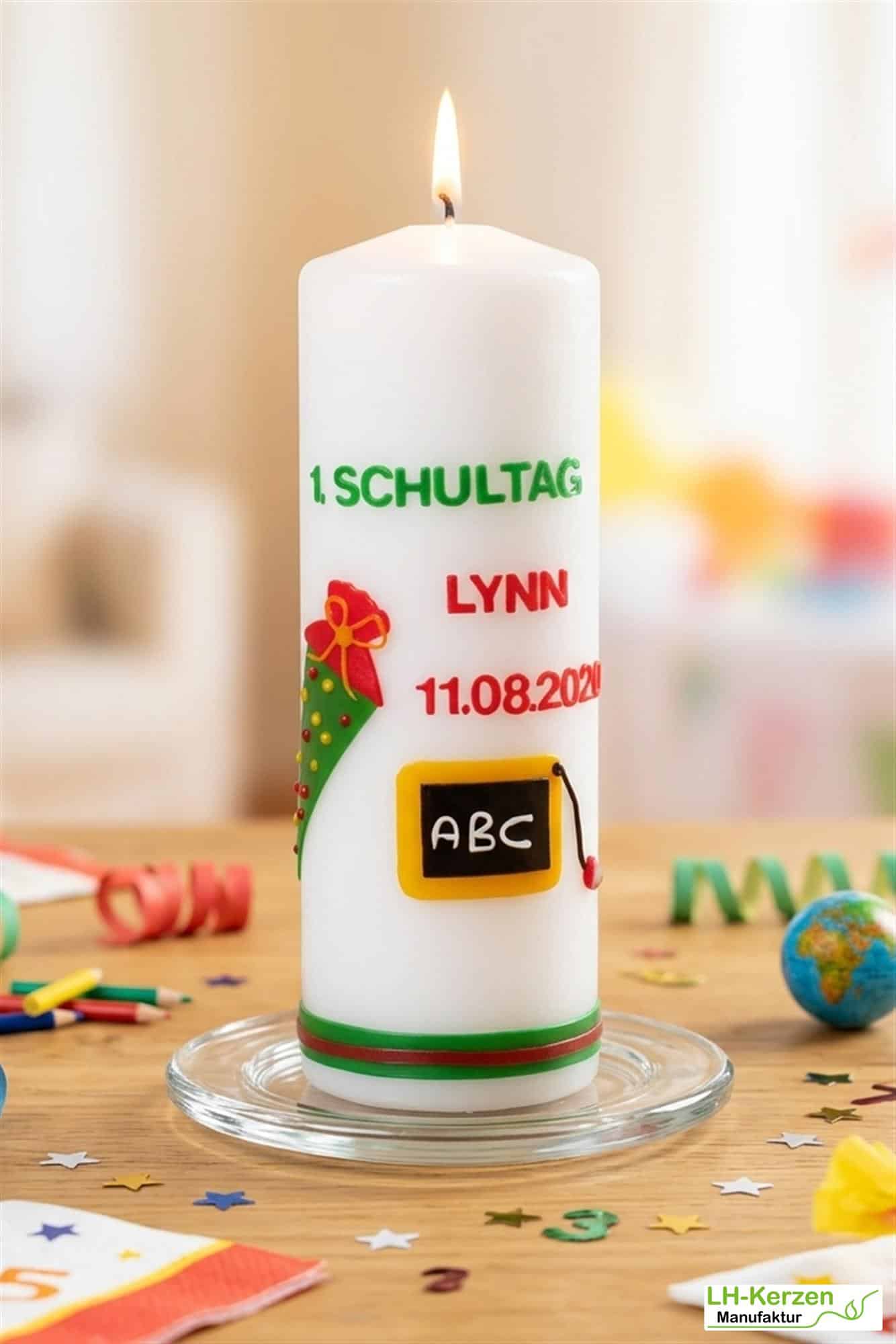 Einschulungskerze mit Tafel und Schultüte, Kerze zur Einschulung, Kerze erster Schultag