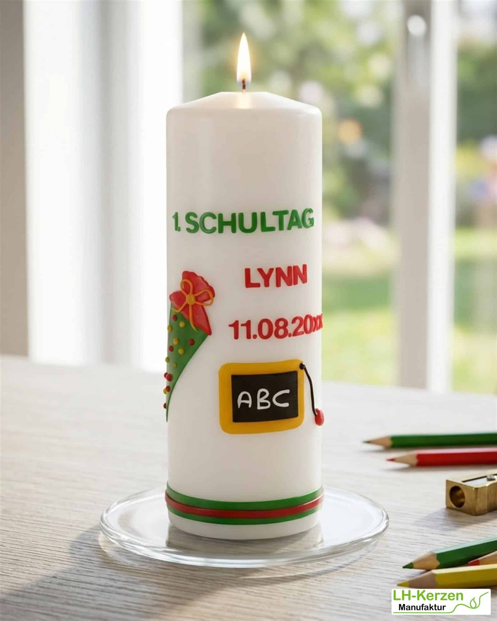 Einschulungskerze mit Tafel und Schultüte, Kerze zur Einschulung, Kerze erster Schultag