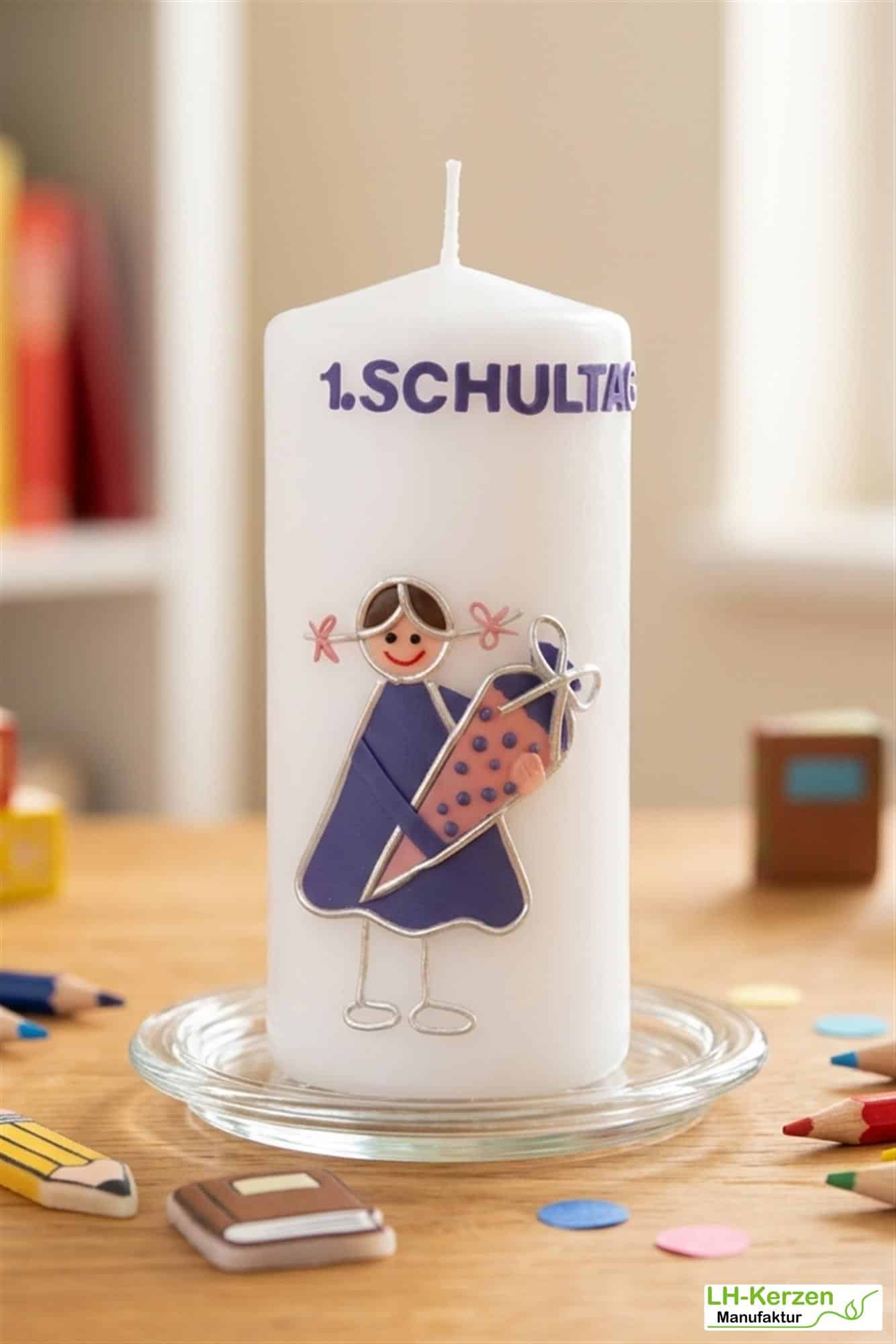 Kerze Einschulung mit i-Dötzchen Mädchen und Schultüte, Einschulungskerze, Kerze erster Schultag