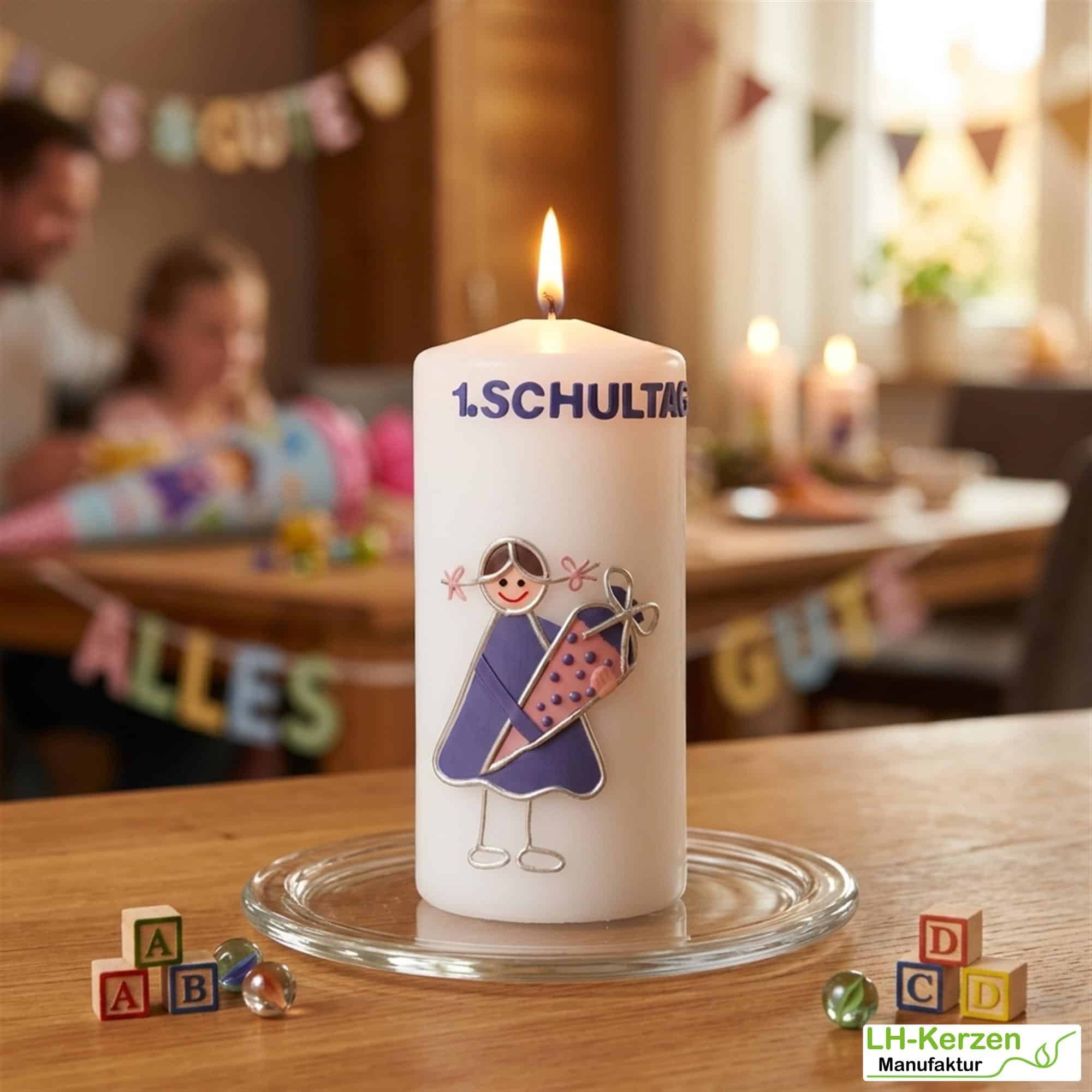 Kerze Einschulung mit i-Dötzchen Mädchen und Schultüte, Einschulungskerze, Kerze erster Schultag