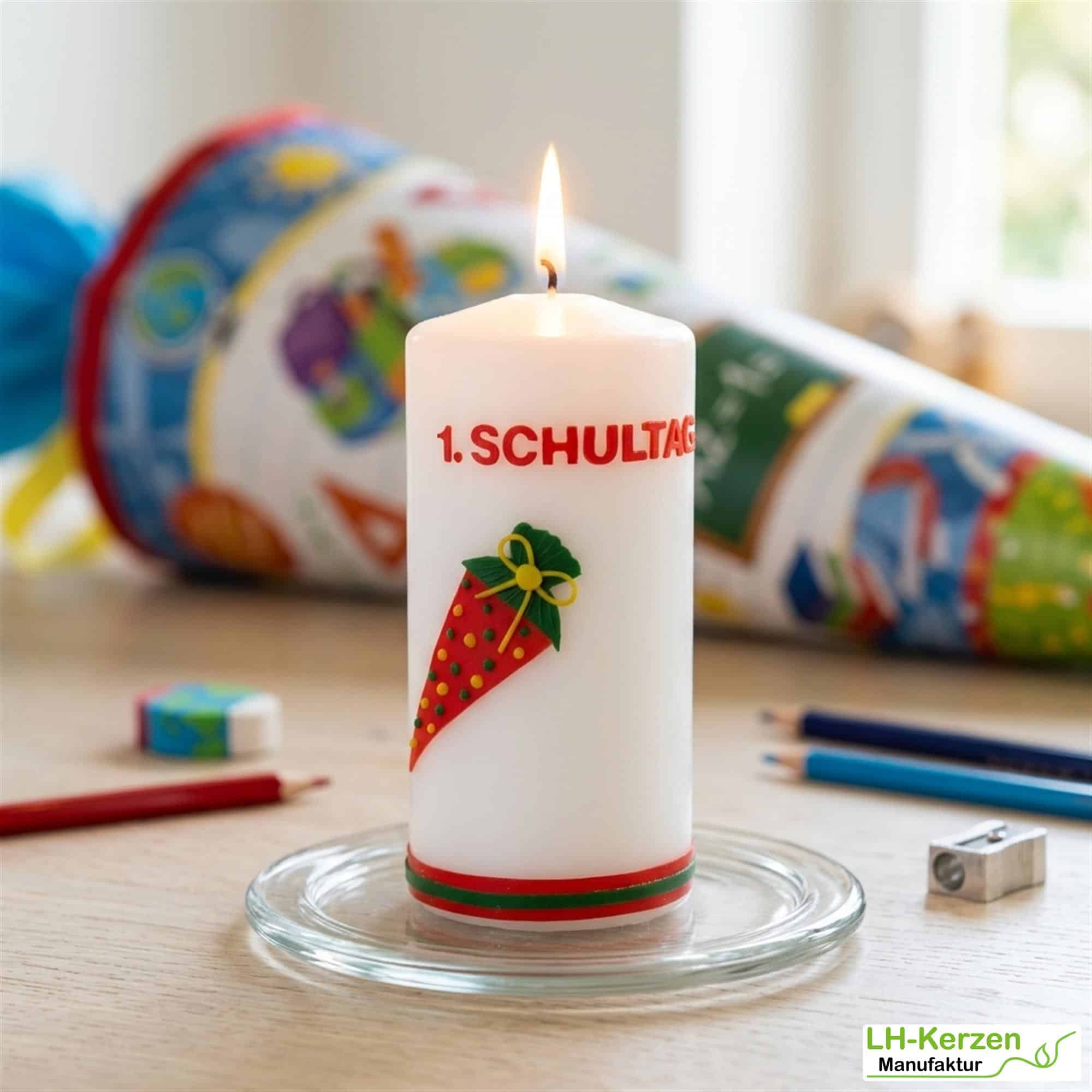 weiße Kerze zur Einschulung mit Schultüte, Einschulungskerze, Geschenk erster Schultag
