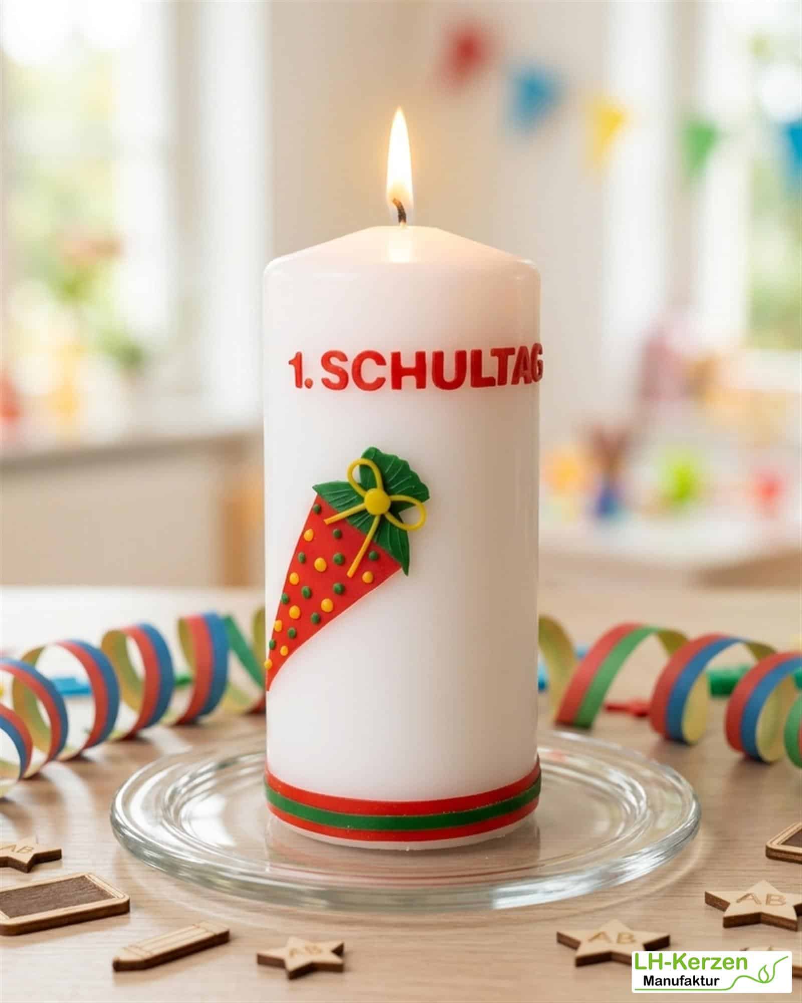 weiße Kerze zur Einschulung mit Schultüte, Einschulungskerze, Geschenk erster Schultag