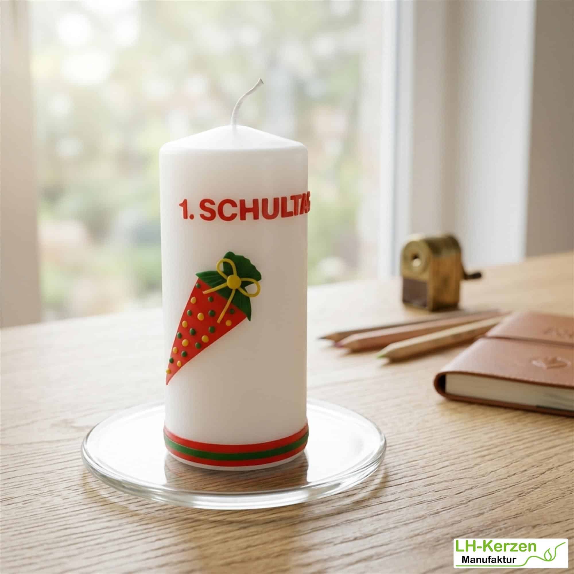 weiße Kerze zur Einschulung mit Schultüte, Einschulungskerze, Geschenk erster Schultag