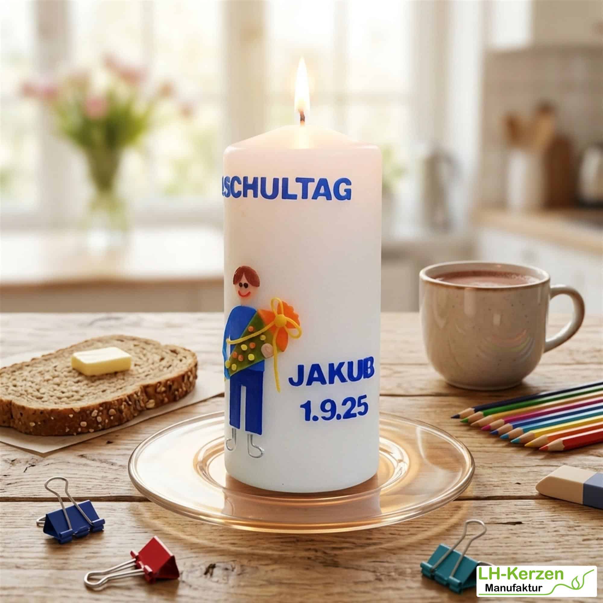 Kerze Einschulung mit i-Dötzchen und Schultüte, Einschulungskerze, Kerze erster Schultag