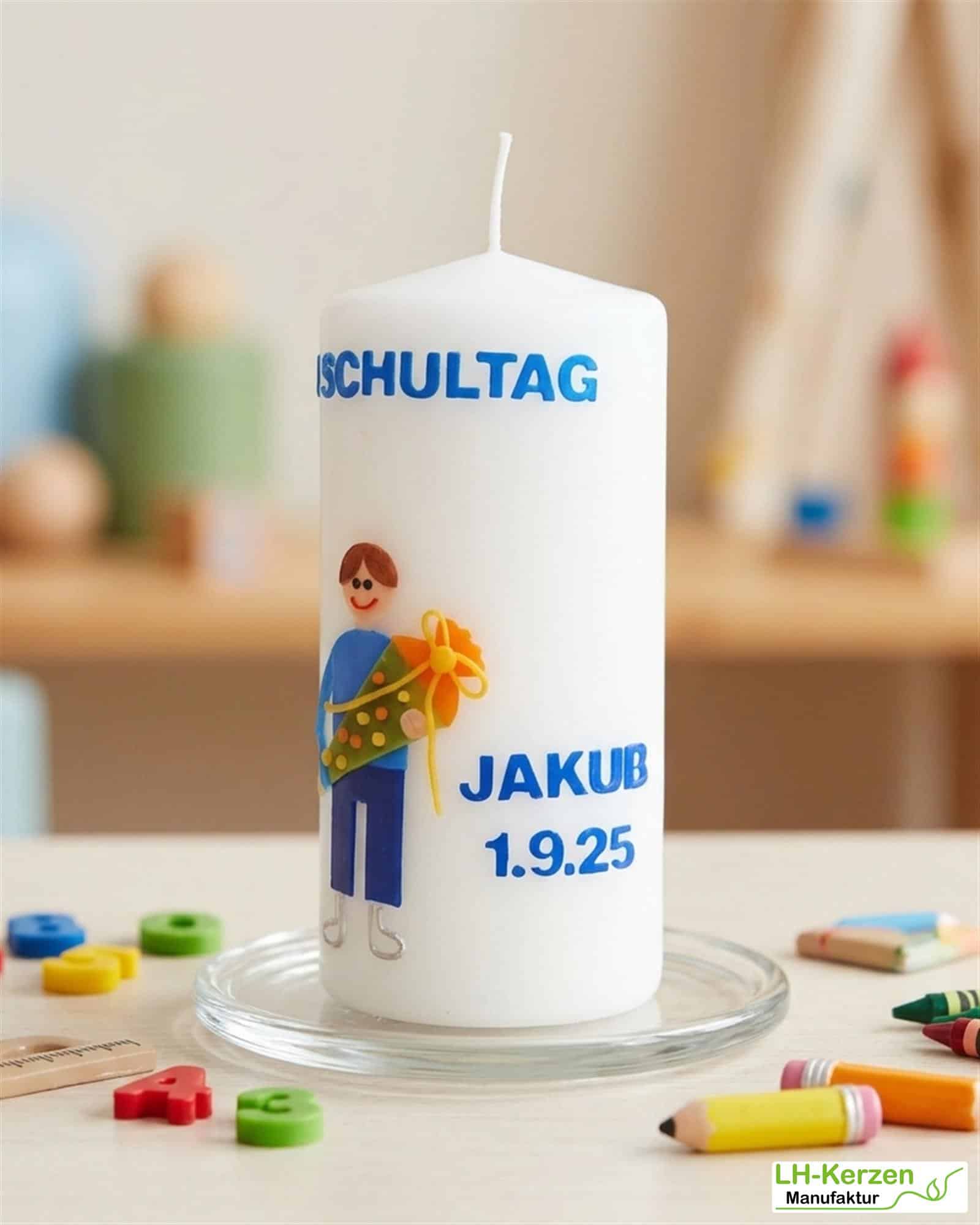 Kerze Einschulung mit i-Dötzchen und Schultüte, Einschulungskerze, Kerze erster Schultag