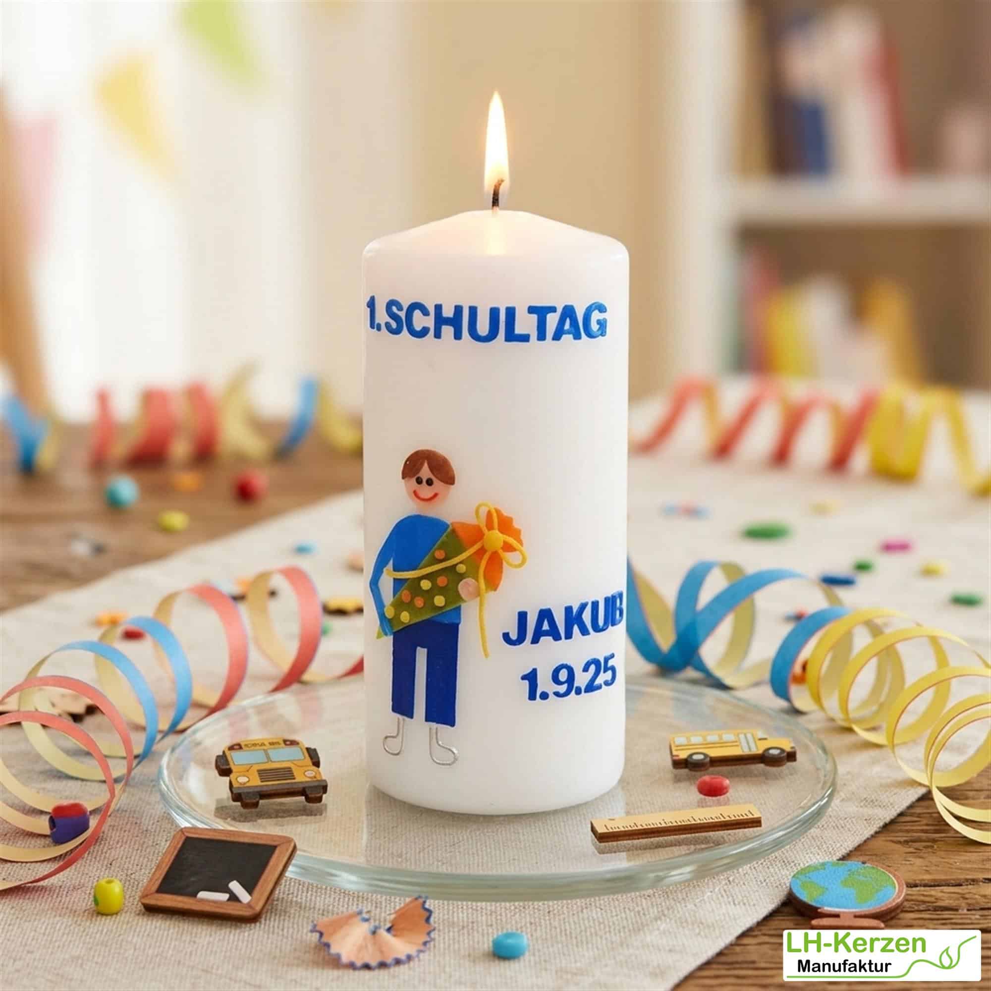 Kerze Einschulung mit i-Dötzchen und Schultüte, Einschulungskerze, Kerze erster Schultag