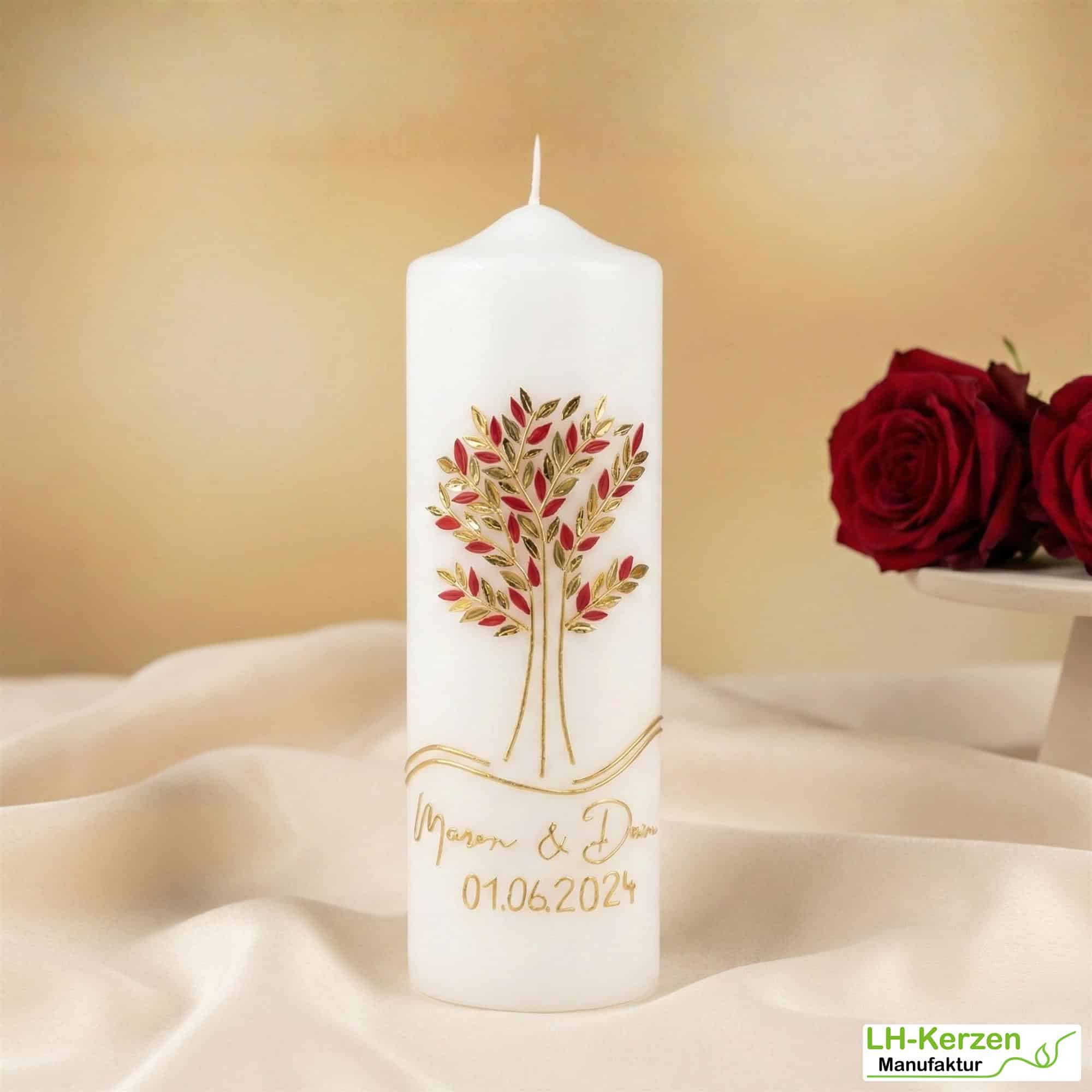 Ewige Verbindung – handgefertigte Hochzeitskerze mit Lebensbaum & Ringen – personalisierbar