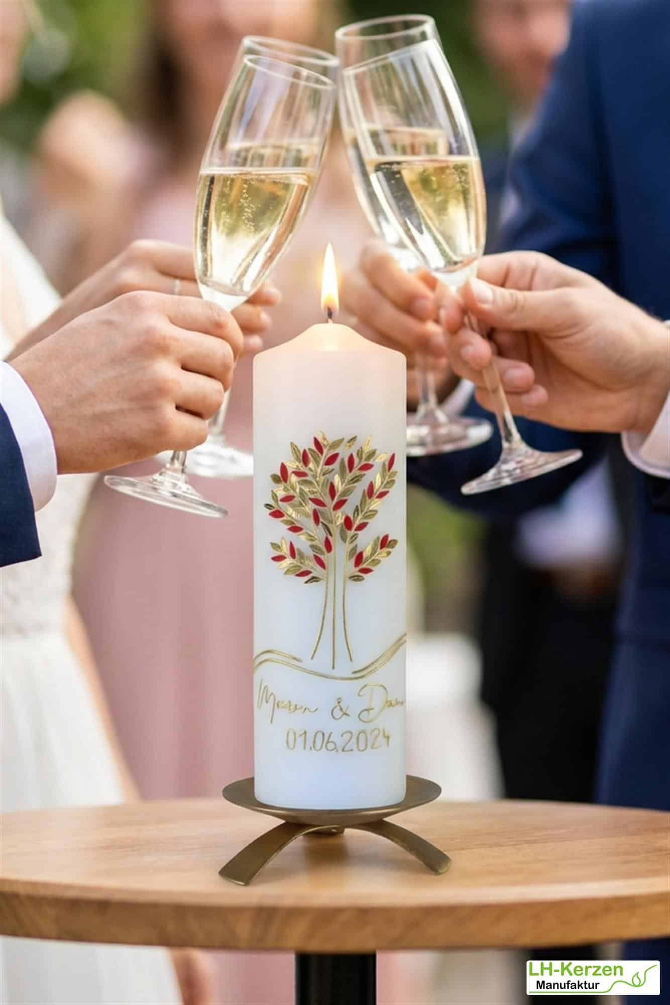 Ewige Verbindung – handgefertigte Hochzeitskerze mit Lebensbaum & Ringen – personalisierbar