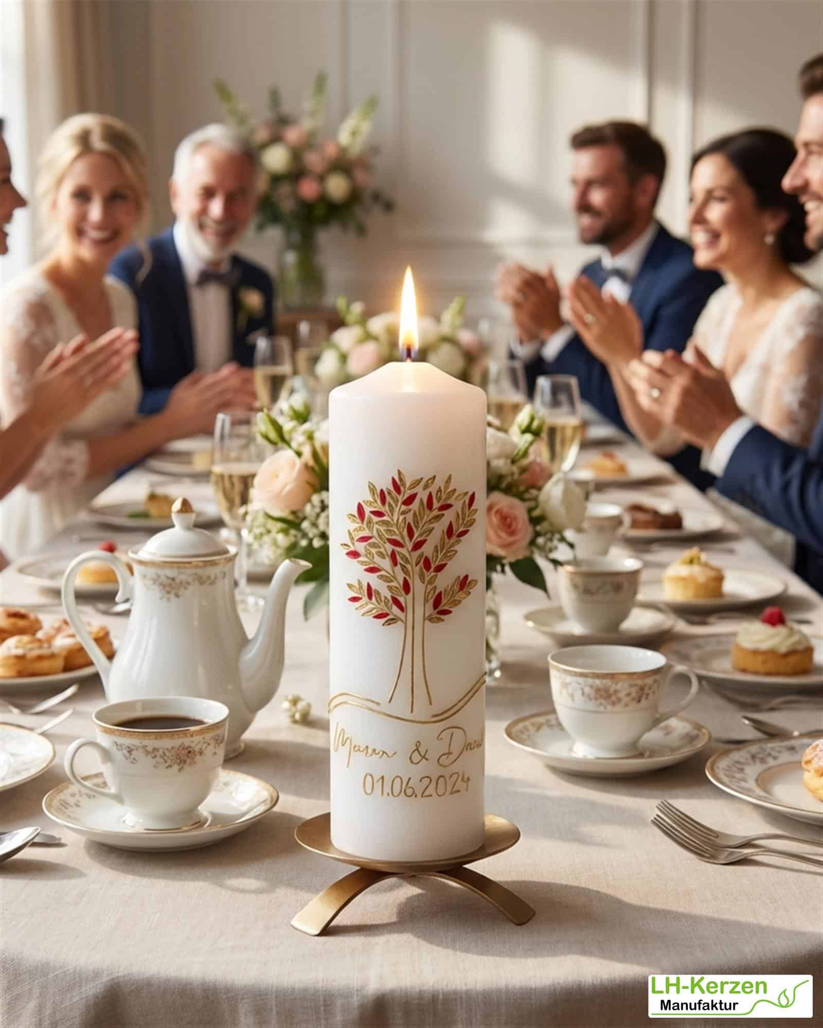 Ewige Verbindung – handgefertigte Hochzeitskerze mit Lebensbaum & Ringen – personalisierbar
