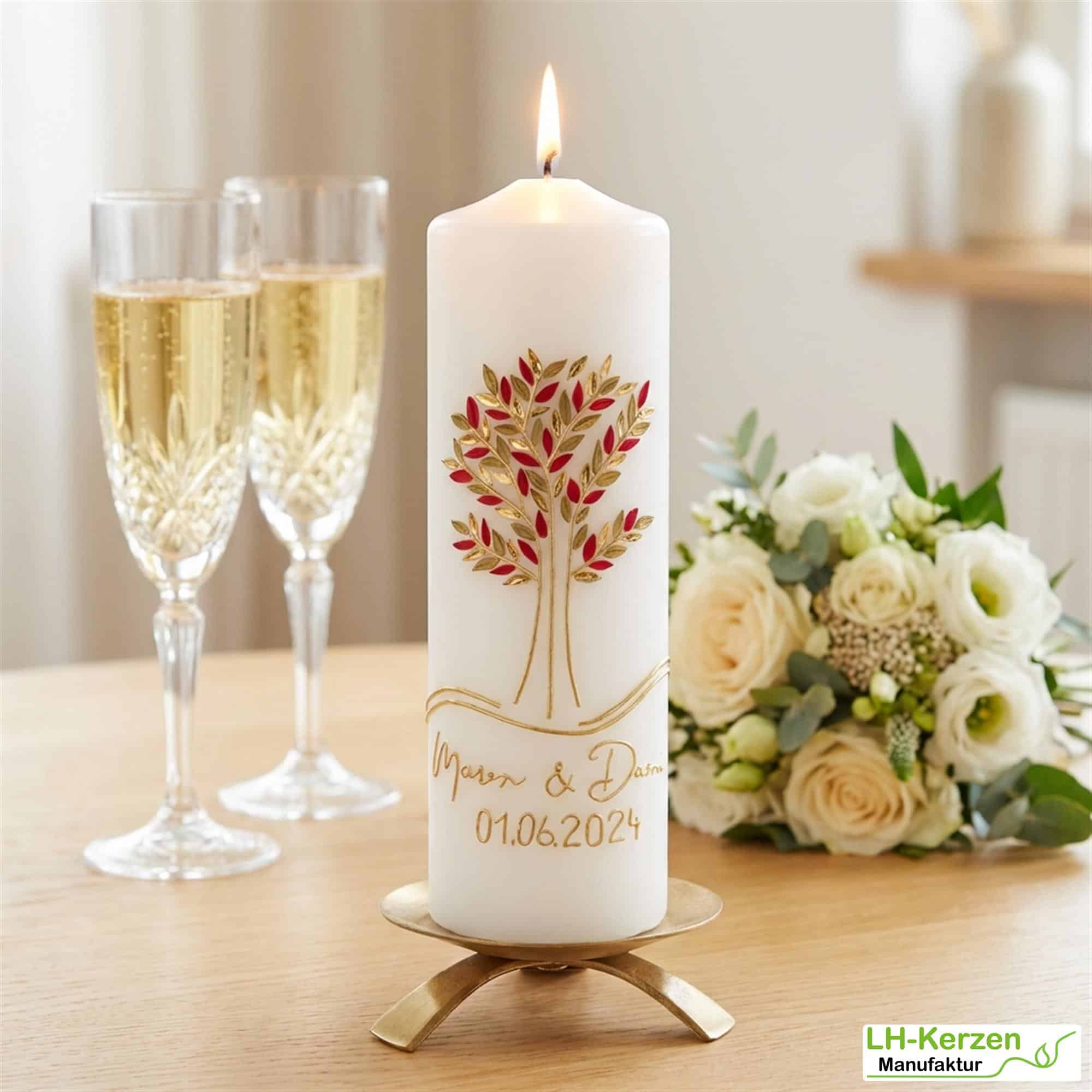 Ewige Verbindung – handgefertigte Hochzeitskerze mit Lebensbaum & Ringen – personalisierbar