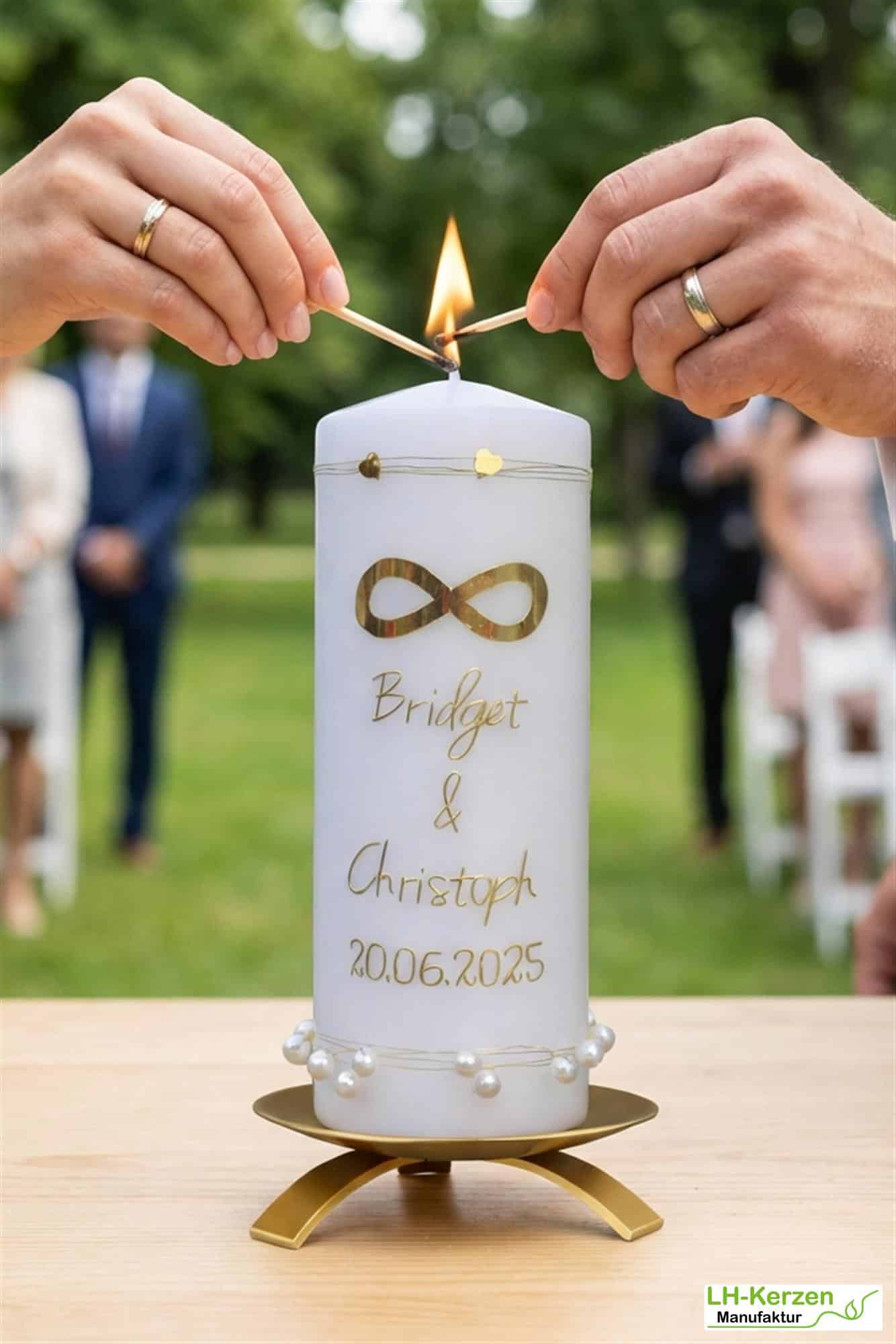 Infinite Love – Hochzeitskerze mit Infinity-Zeichen, goldener Beschriftung und Perlendekor