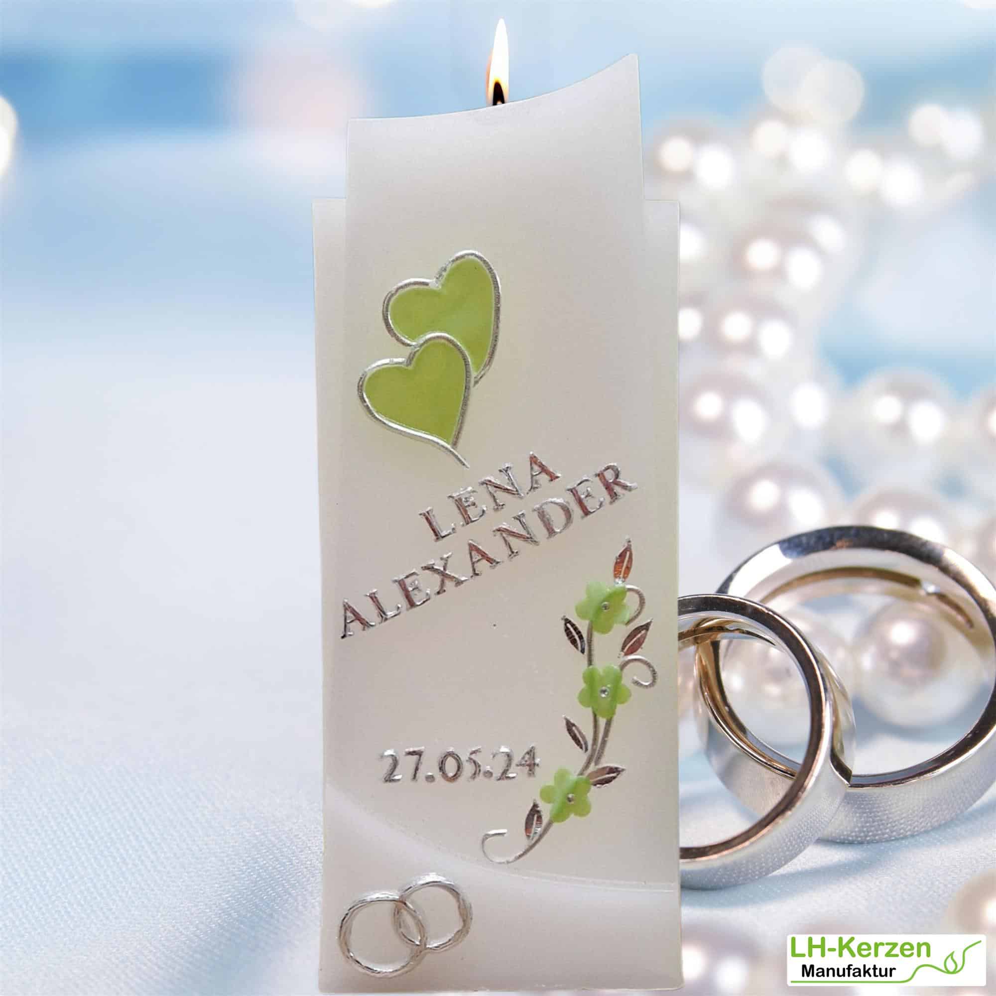 Hochzeitskerze Doppelschwung grün-silber verziert, einzigartige Formkerze personalisierbar