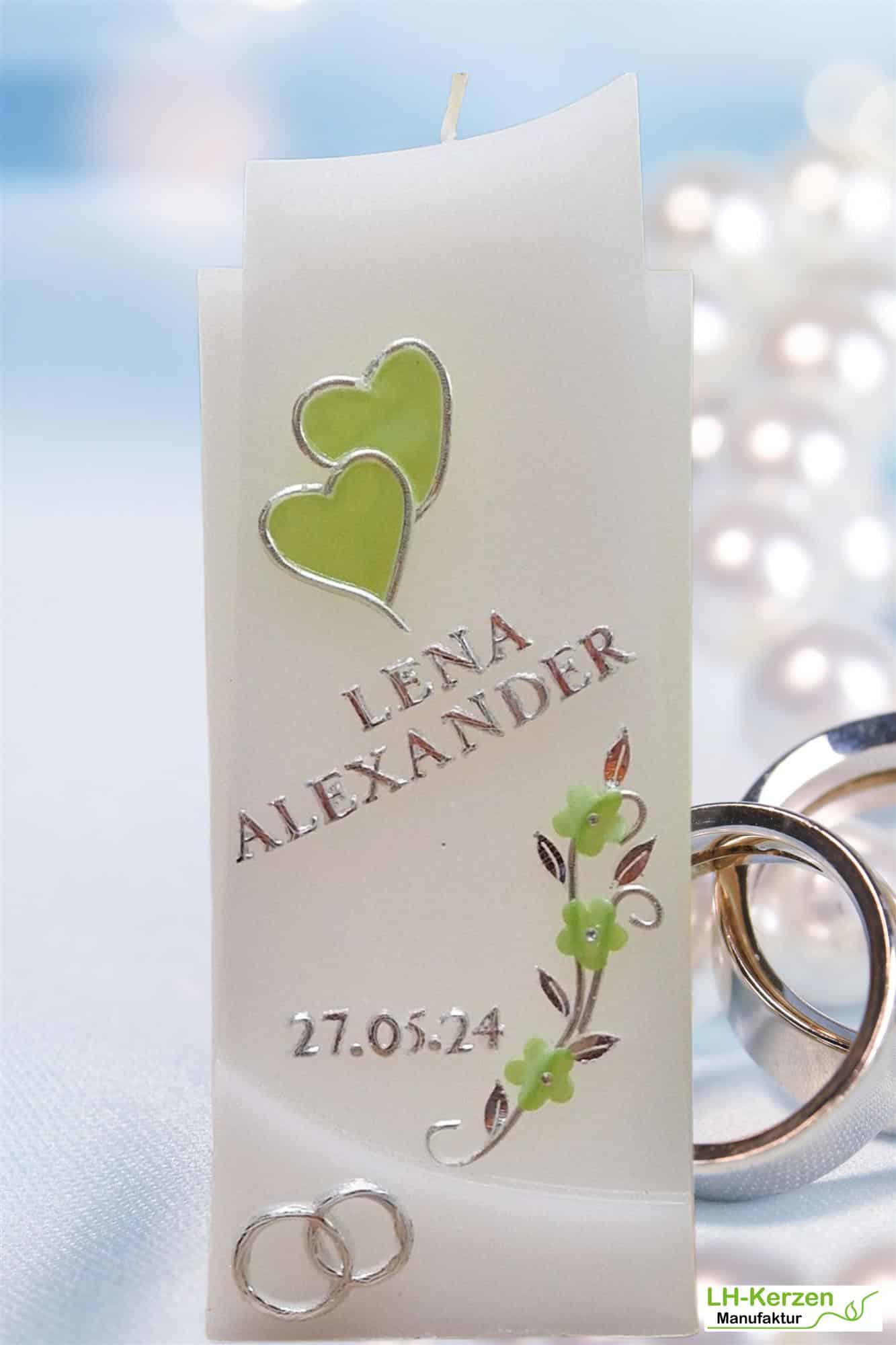 Hochzeitskerze Doppelschwung grün-silber verziert, einzigartige Formkerze personalisierbar