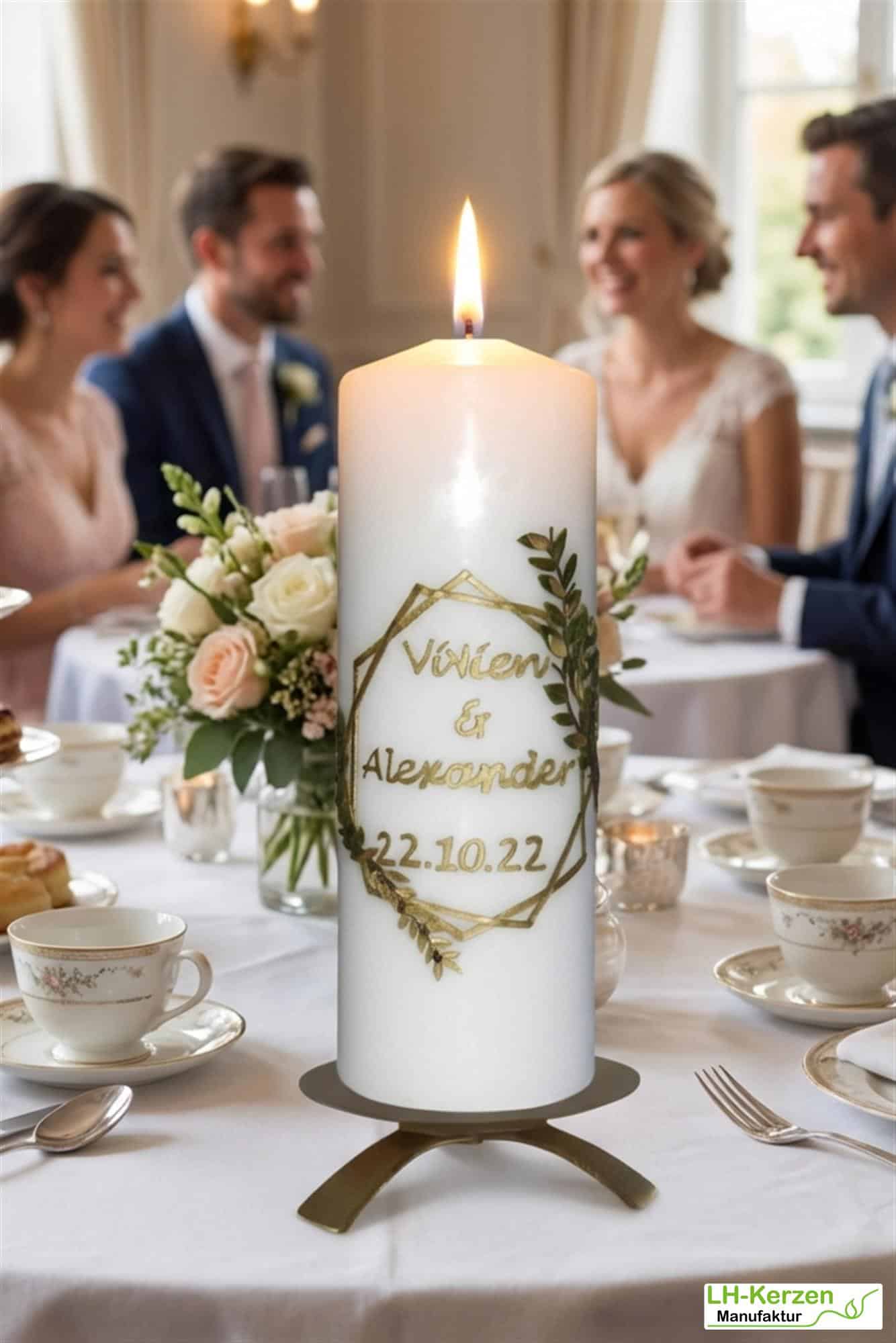 Moderne Eleganz – handveredelte Hochzeitskerze mit Goldrahmen – personalisierbar