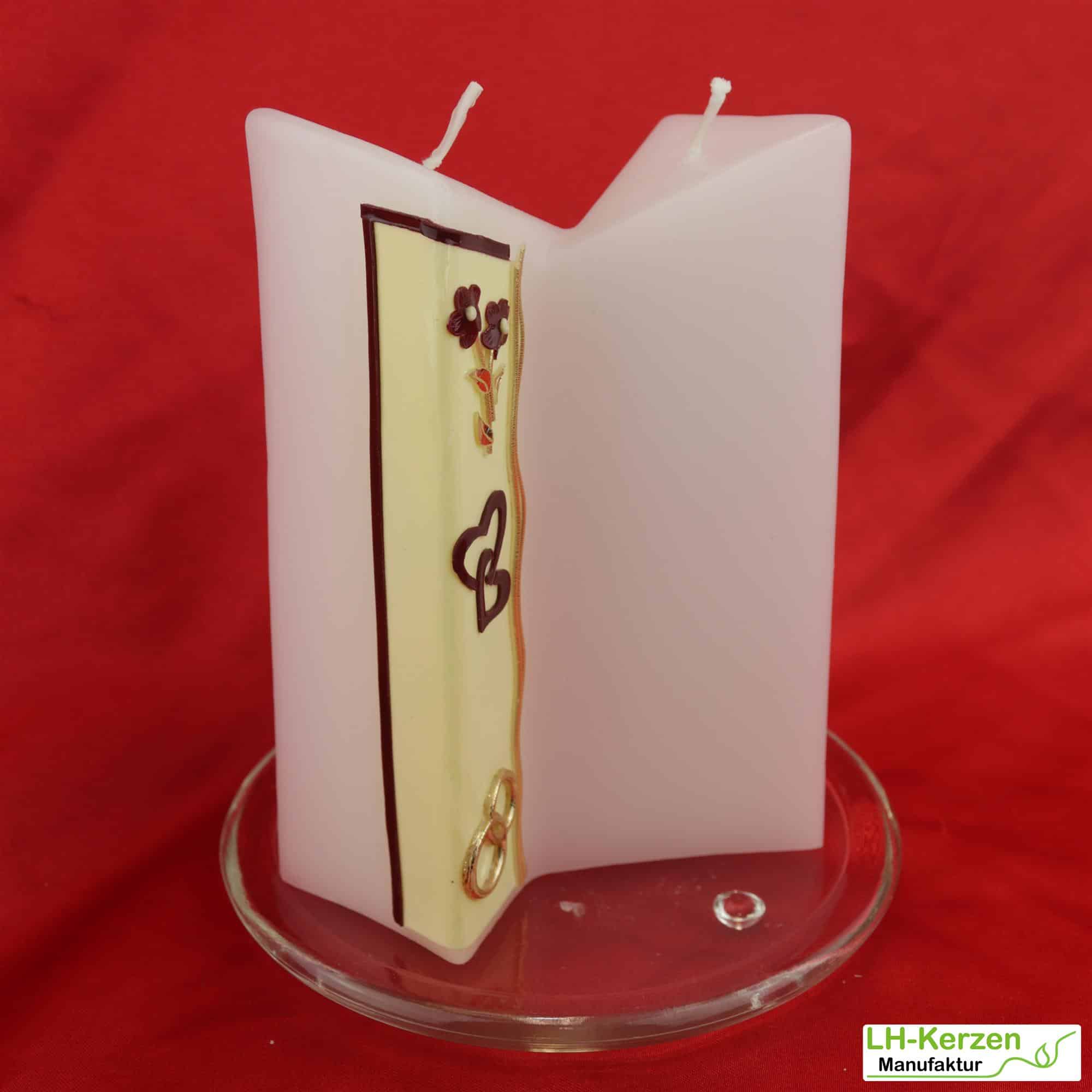 Hochzeitskerze Doppeldreikant in rot-gold verziert