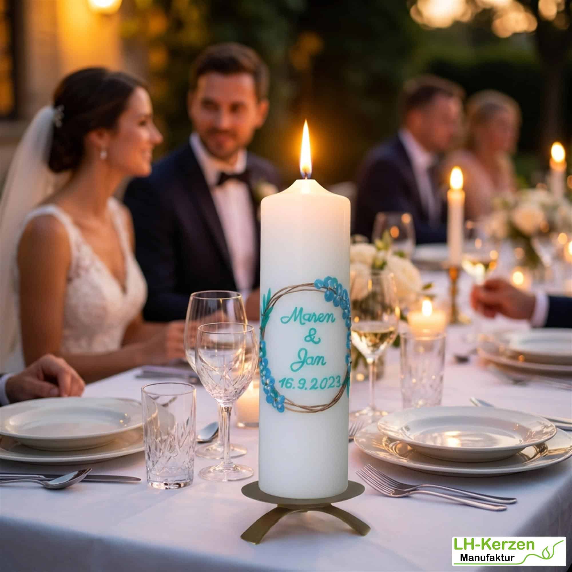 Unendliche Liebe: Elegante Hochzeitskerze in elfenbein mit goldenen Ringen und Eukalyptusblättern