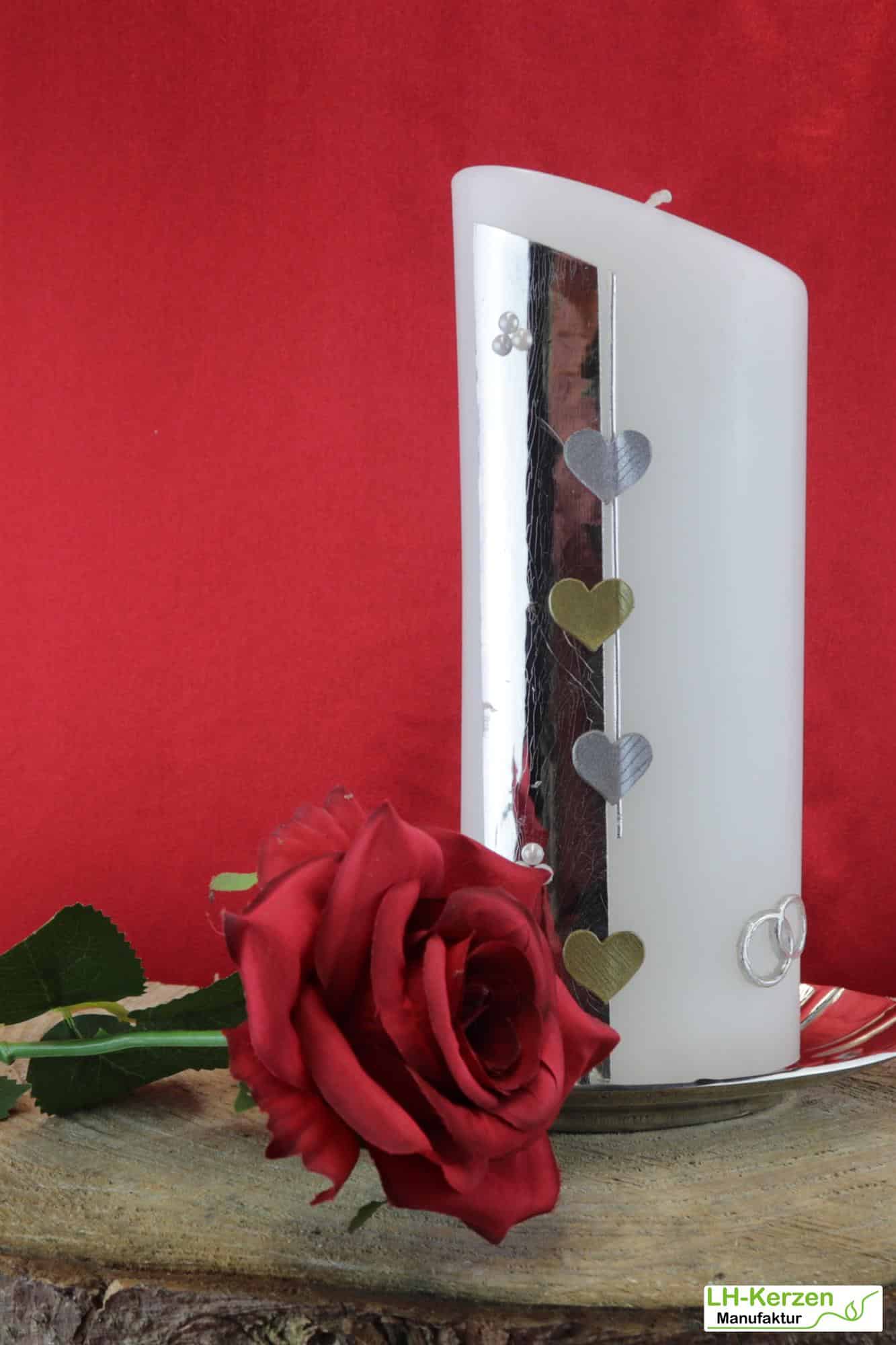 Hochzeitskerze modern - ovale Formenkerze, silber-gold verziert