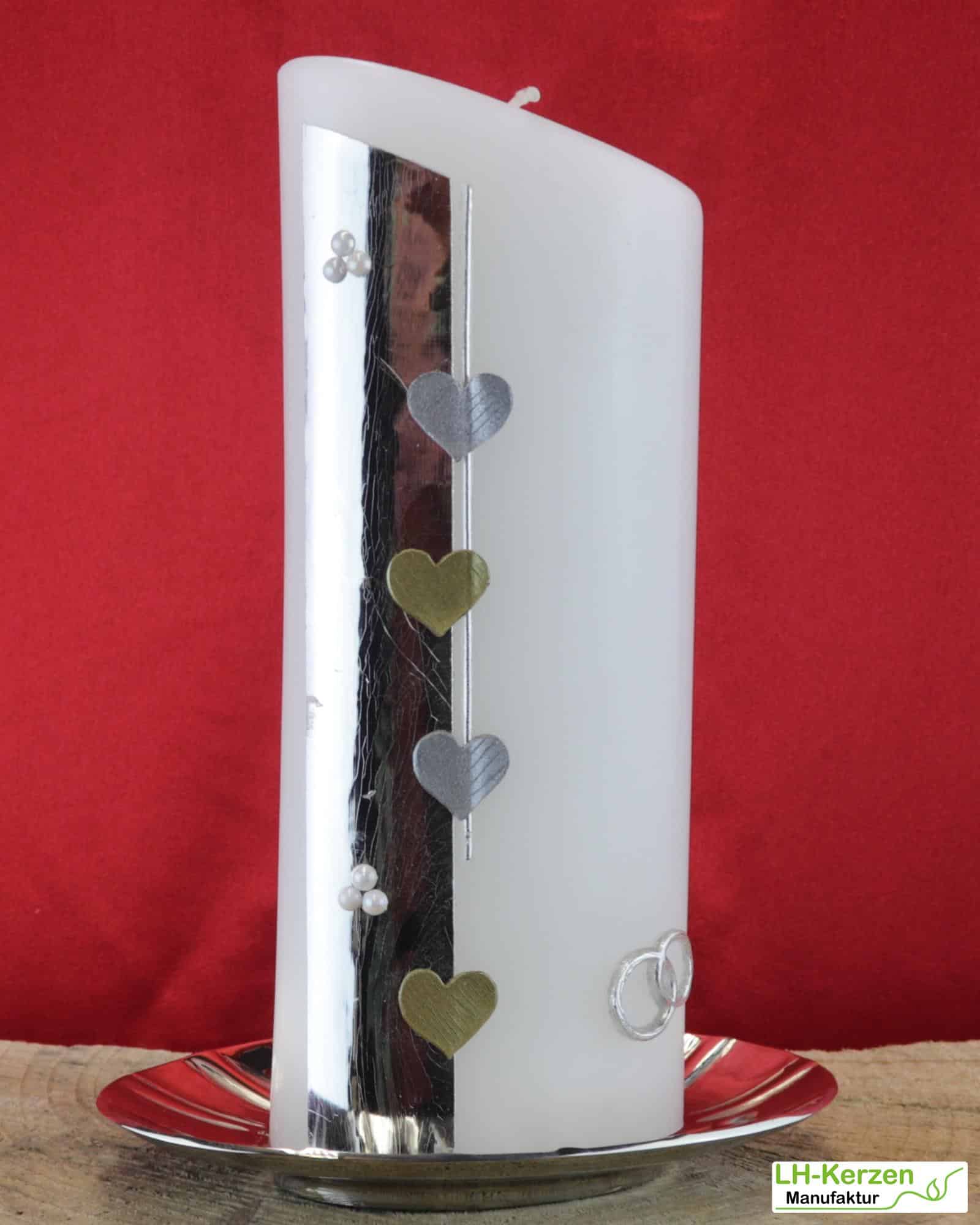 Hochzeitskerze modern - ovale Formenkerze, silber-gold verziert