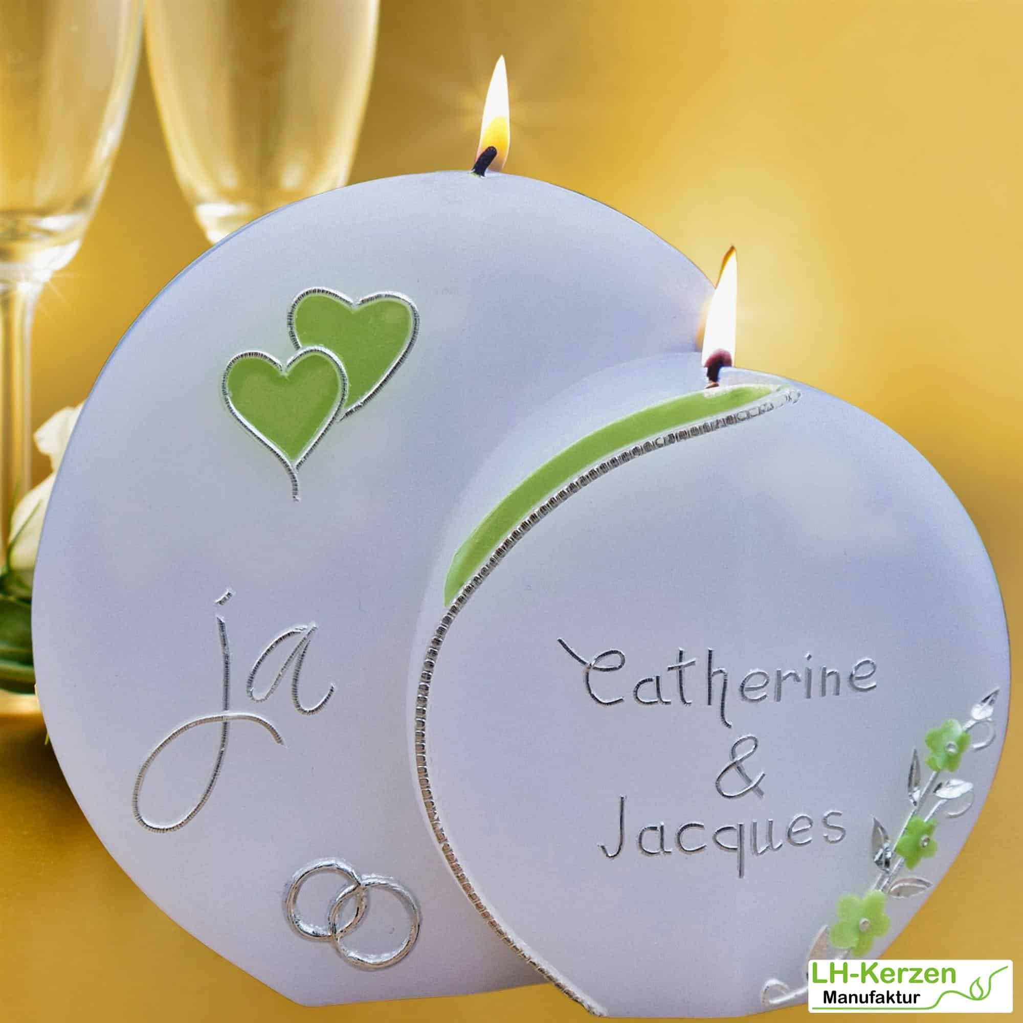 Doppelscheibe "Ja" – Handveredelte Doppeldocht Hochzeitskerze mit 2 Dochten – personalisierbar