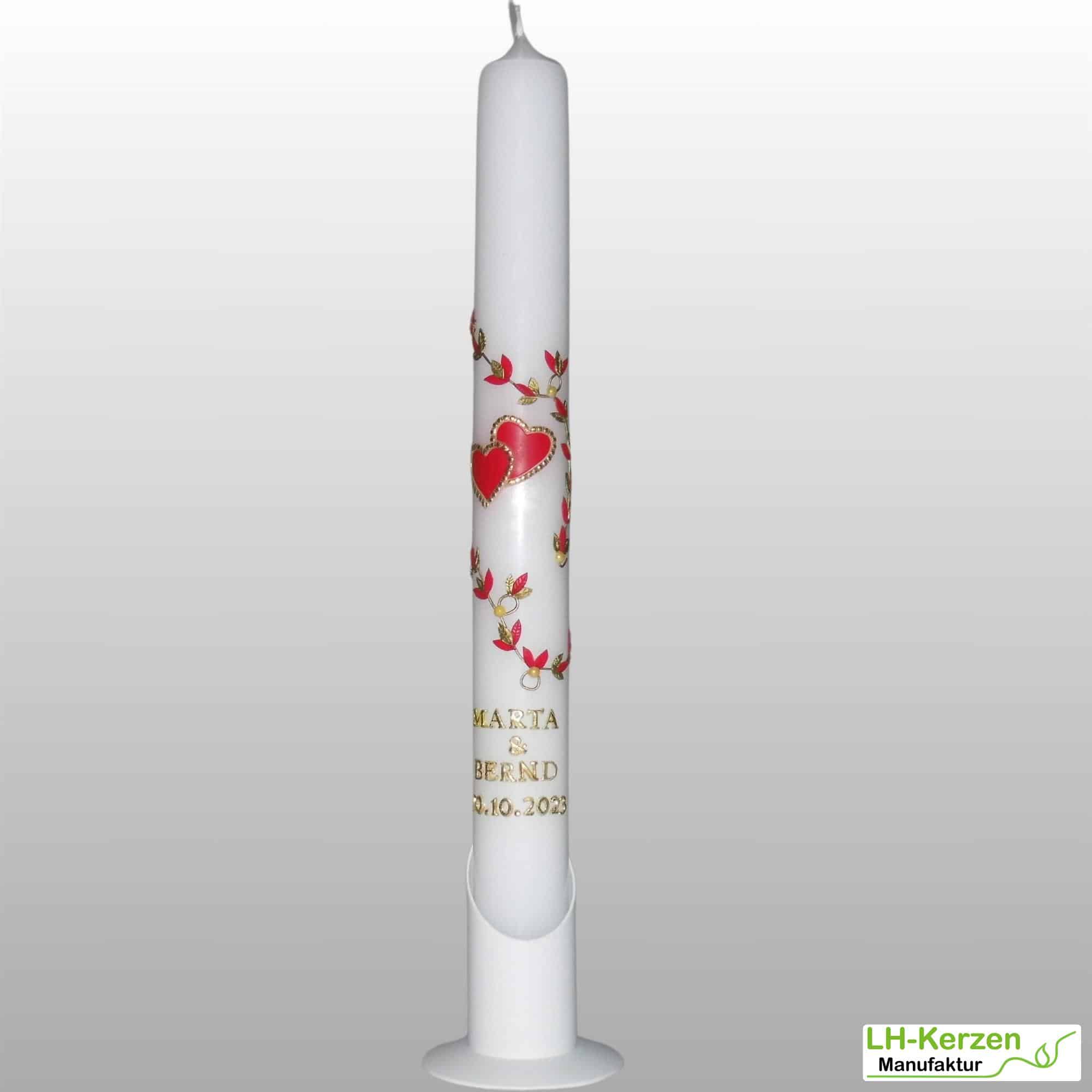 Hochzeitskerze modern mit gold umrahmten Herzen und Blattranke