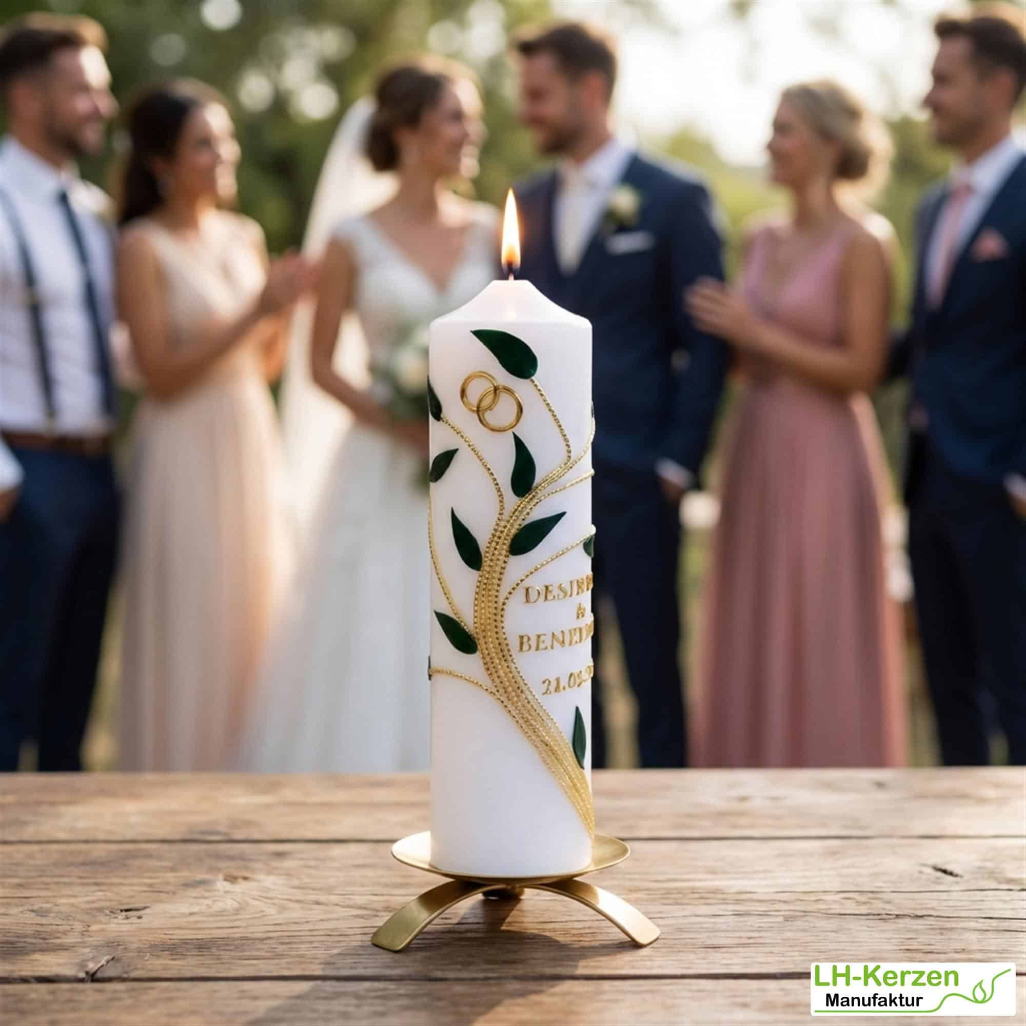 Goldene Blattranken – handveredelte Hochzeitskerze mit eleganter Verzierung, personalisierbar