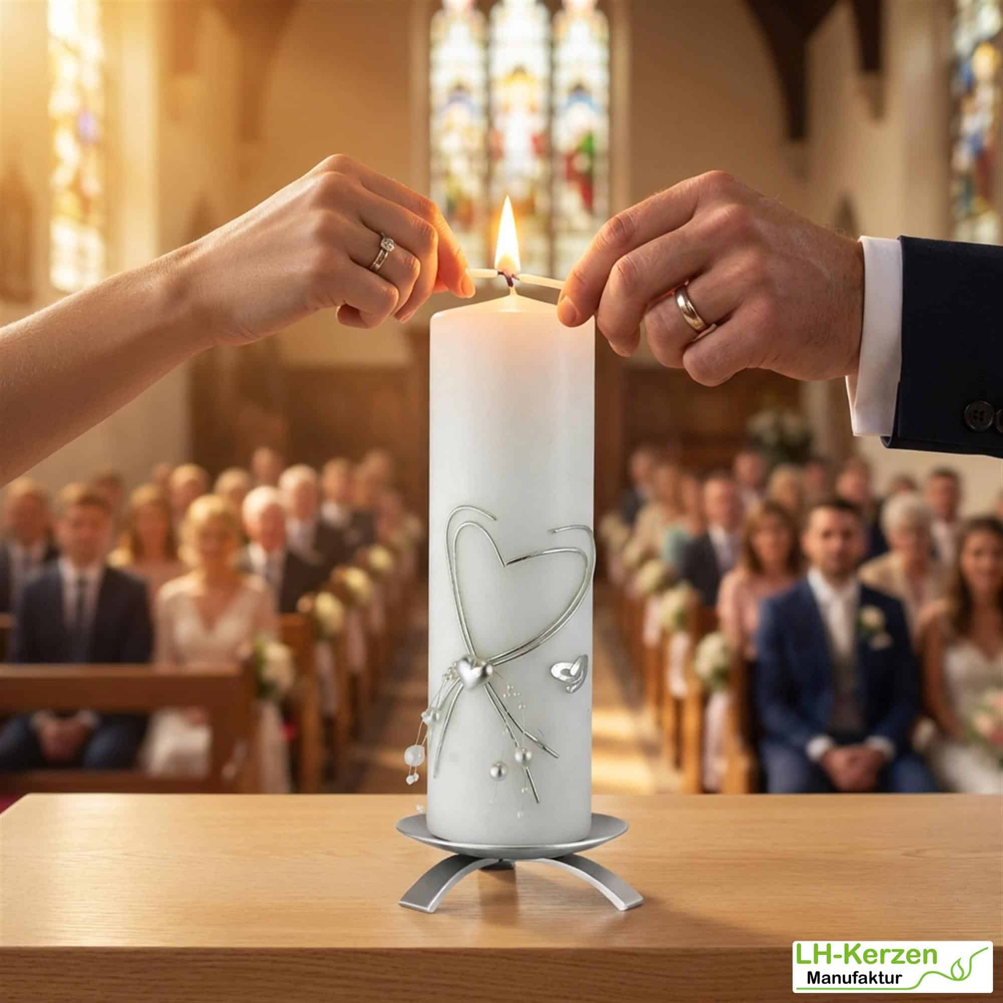 HK1077_Hochzeitskerze modern mit silbernem Doppelherz und Perlen